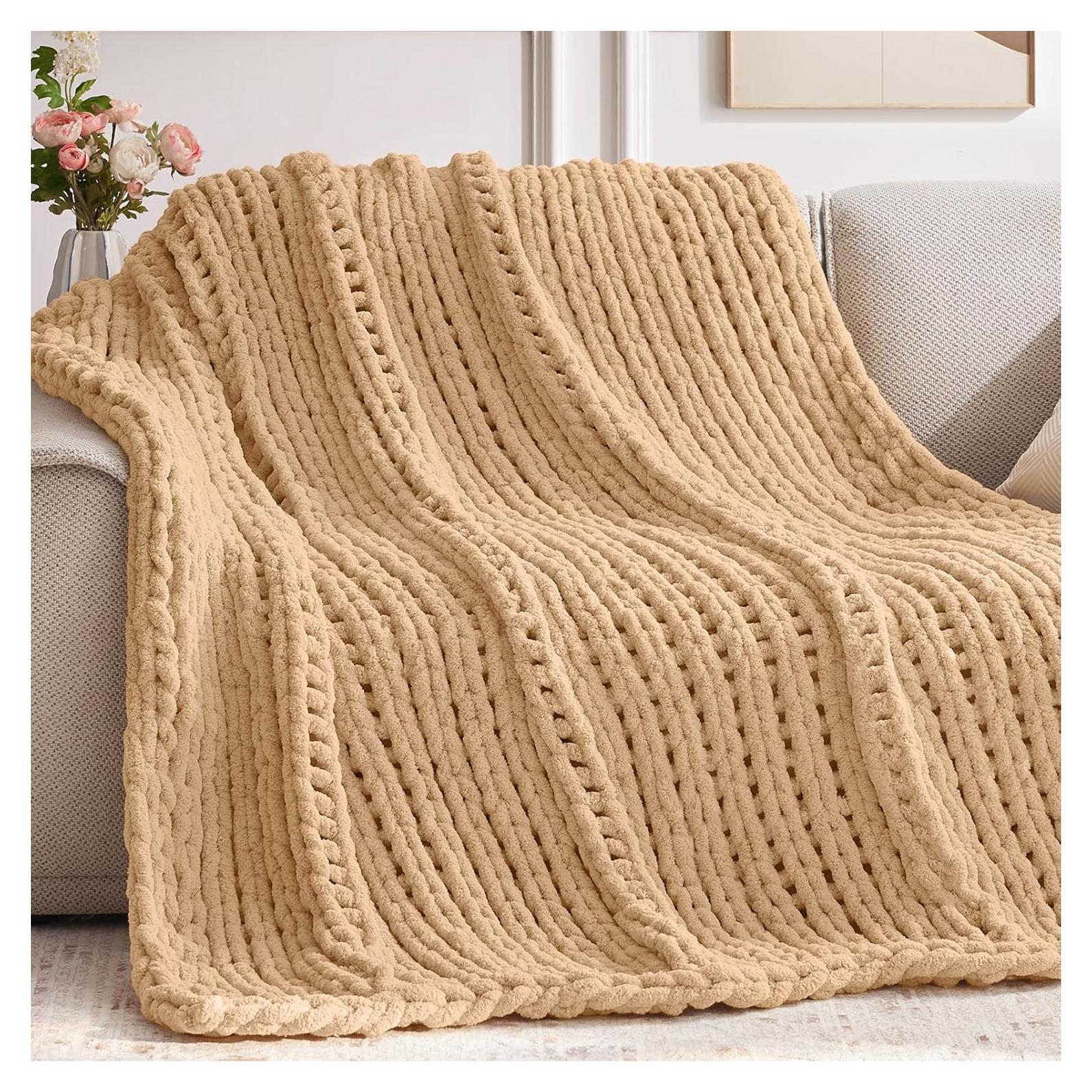 Manta de Chenilla Beige Negwoo 76x102 cm Tejida a Mano