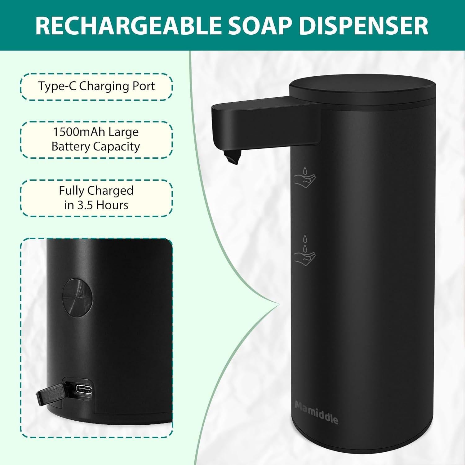 Dispensador Automático de Jabón Mamiddle Negro IPX5 USB-C