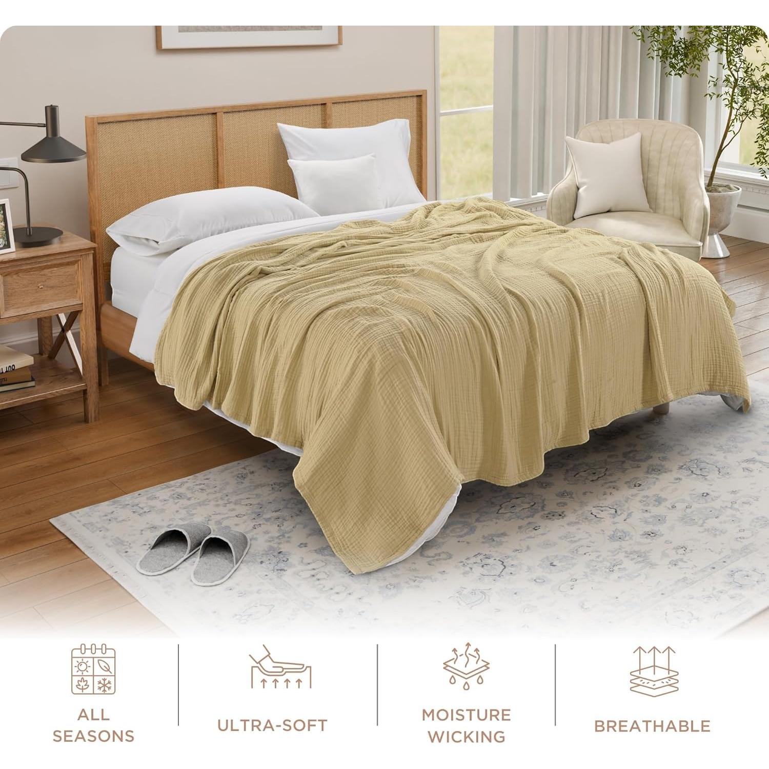 Manta de Muselina Threadmill Queen 100% Algodón Beige 4 Capas