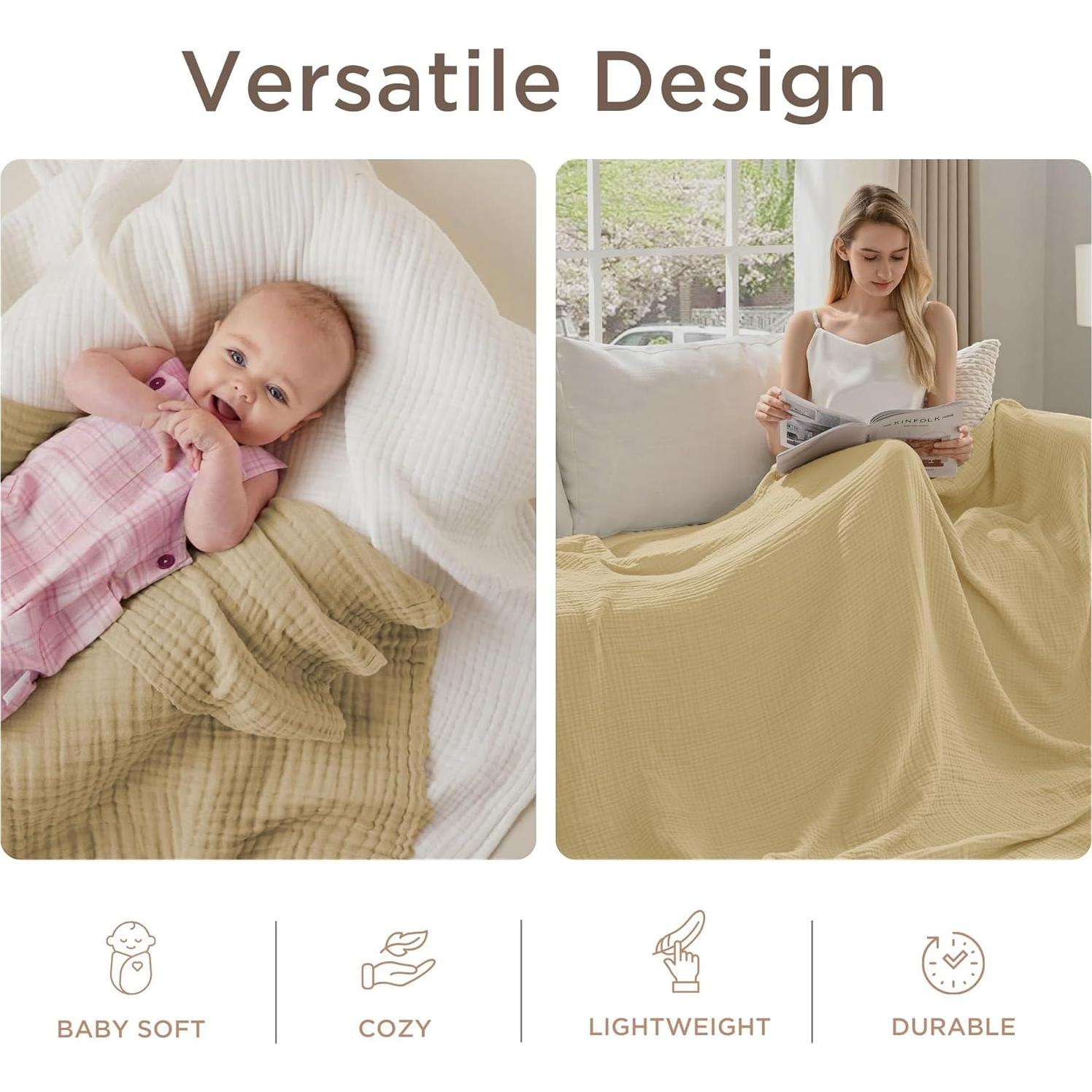 Manta de Muselina Threadmill Queen 100% Algodón Beige 4 Capas