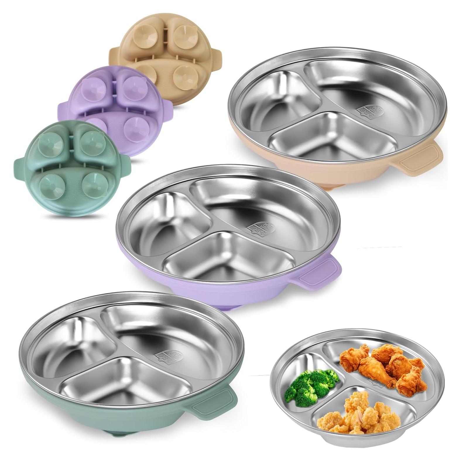 Platos de Acero Inoxidable para Niños TAOceeXI 3-Pack Antideslizantes