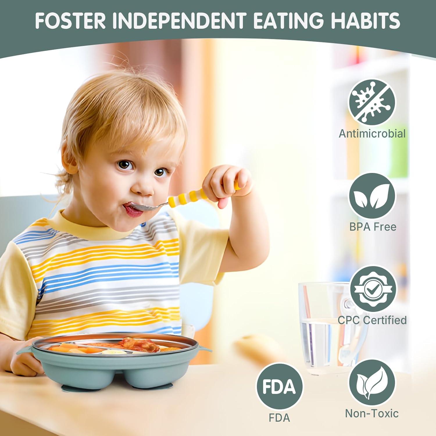 Platos de Acero Inoxidable para Niños TAOceeXI 3-Pack Antideslizantes