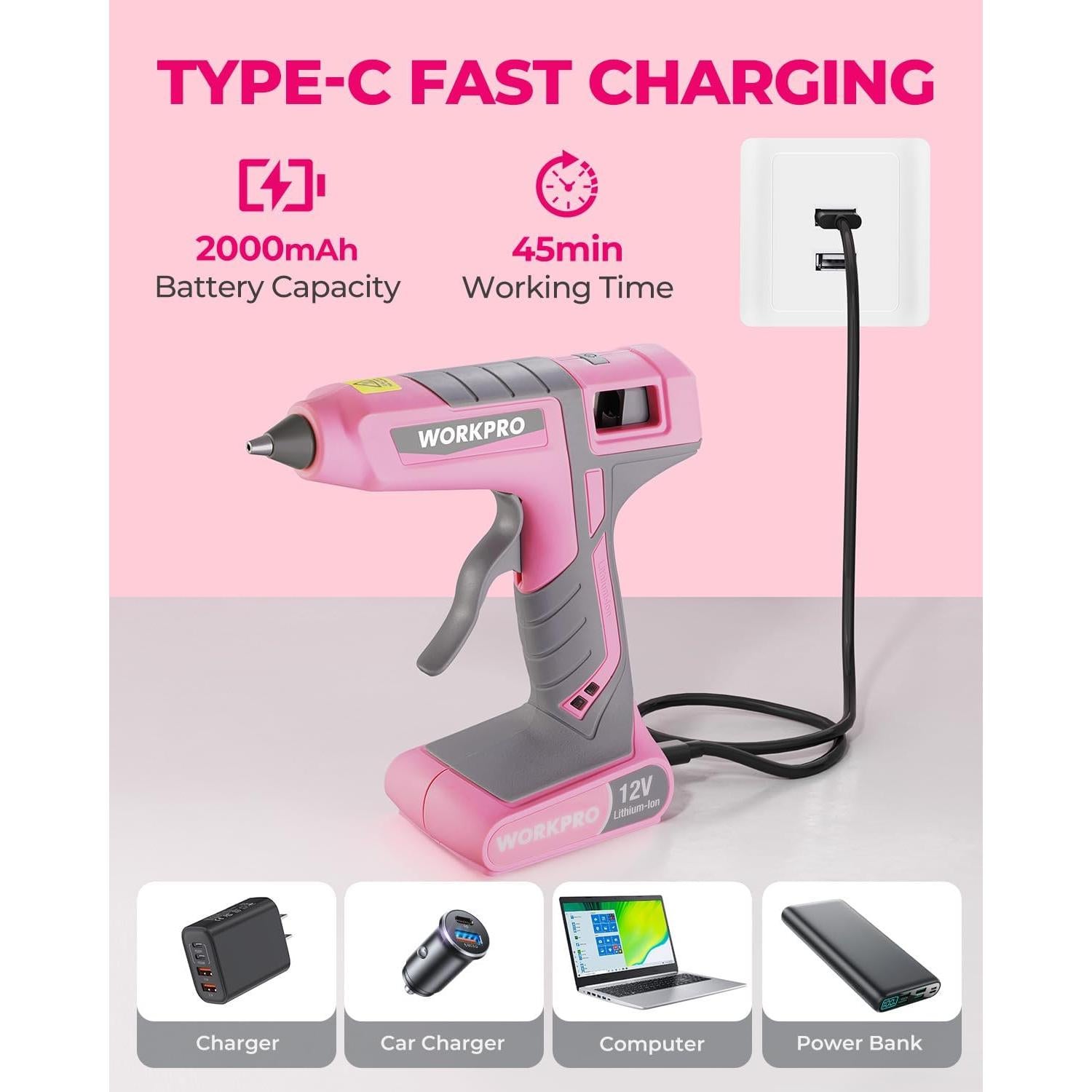 Pistola de Pegamento Caliente Inalámbrica WORKPRO 12V Rosa