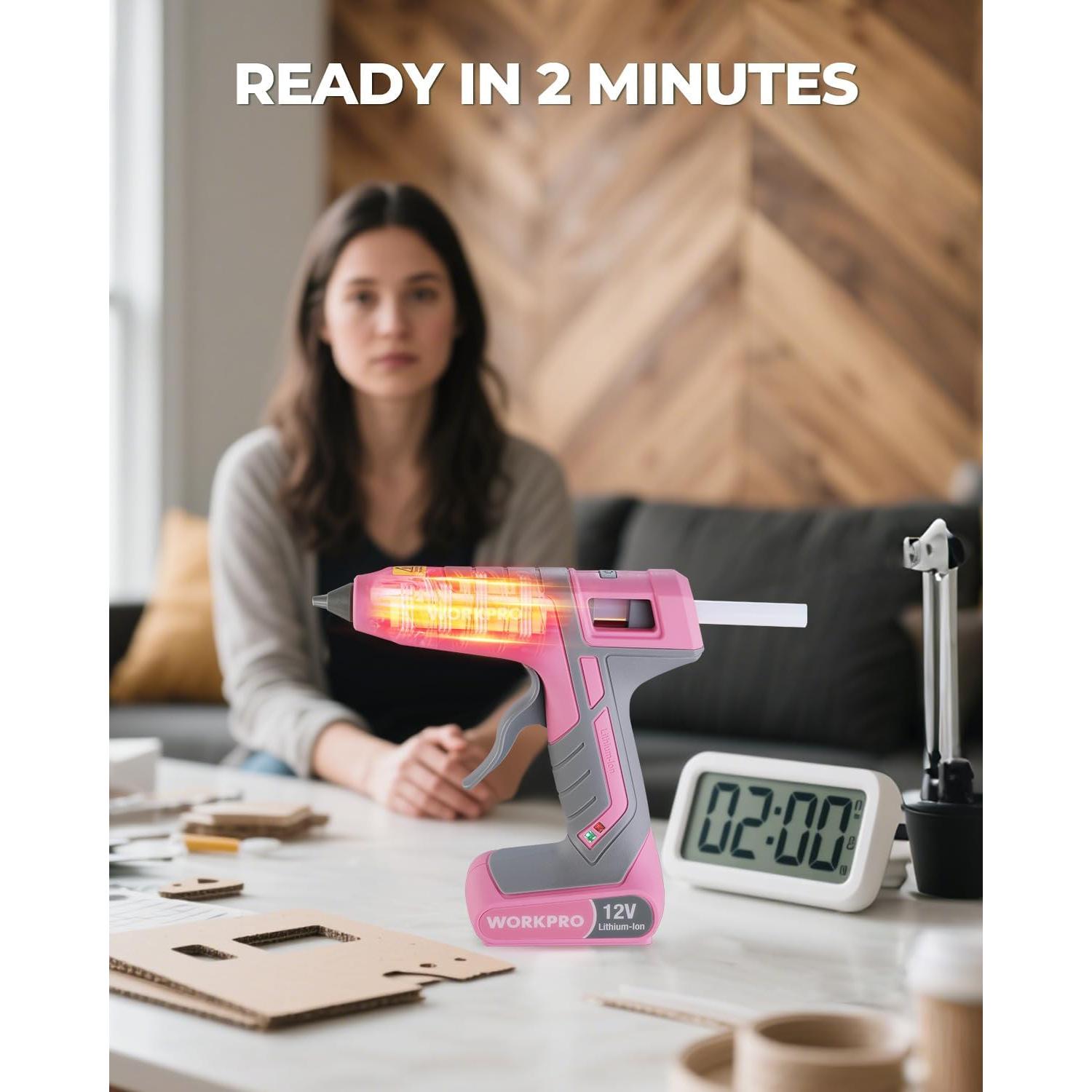 Pistola de Pegamento Caliente Inalámbrica WORKPRO 12V Rosa