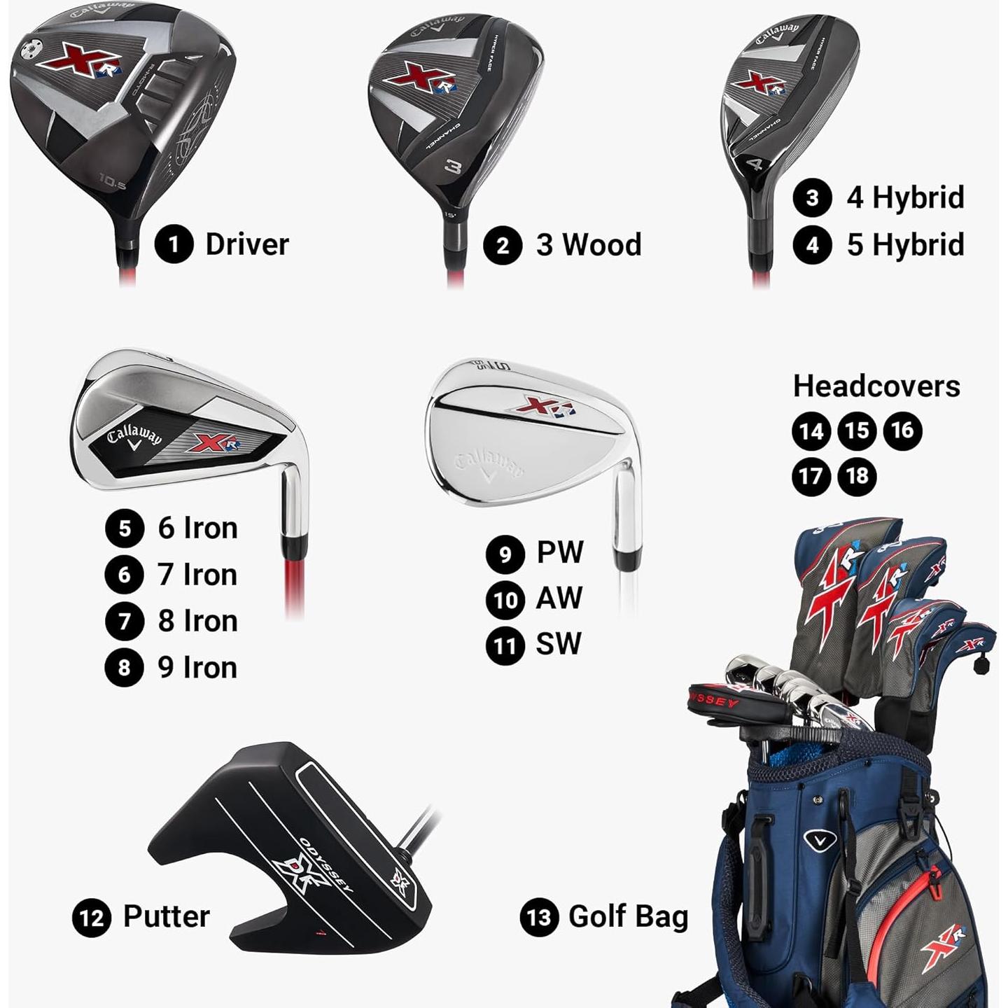 Conjunto Completo de Palos de Golf Callaway XR - Azul/Rojo, Grafito, Regular