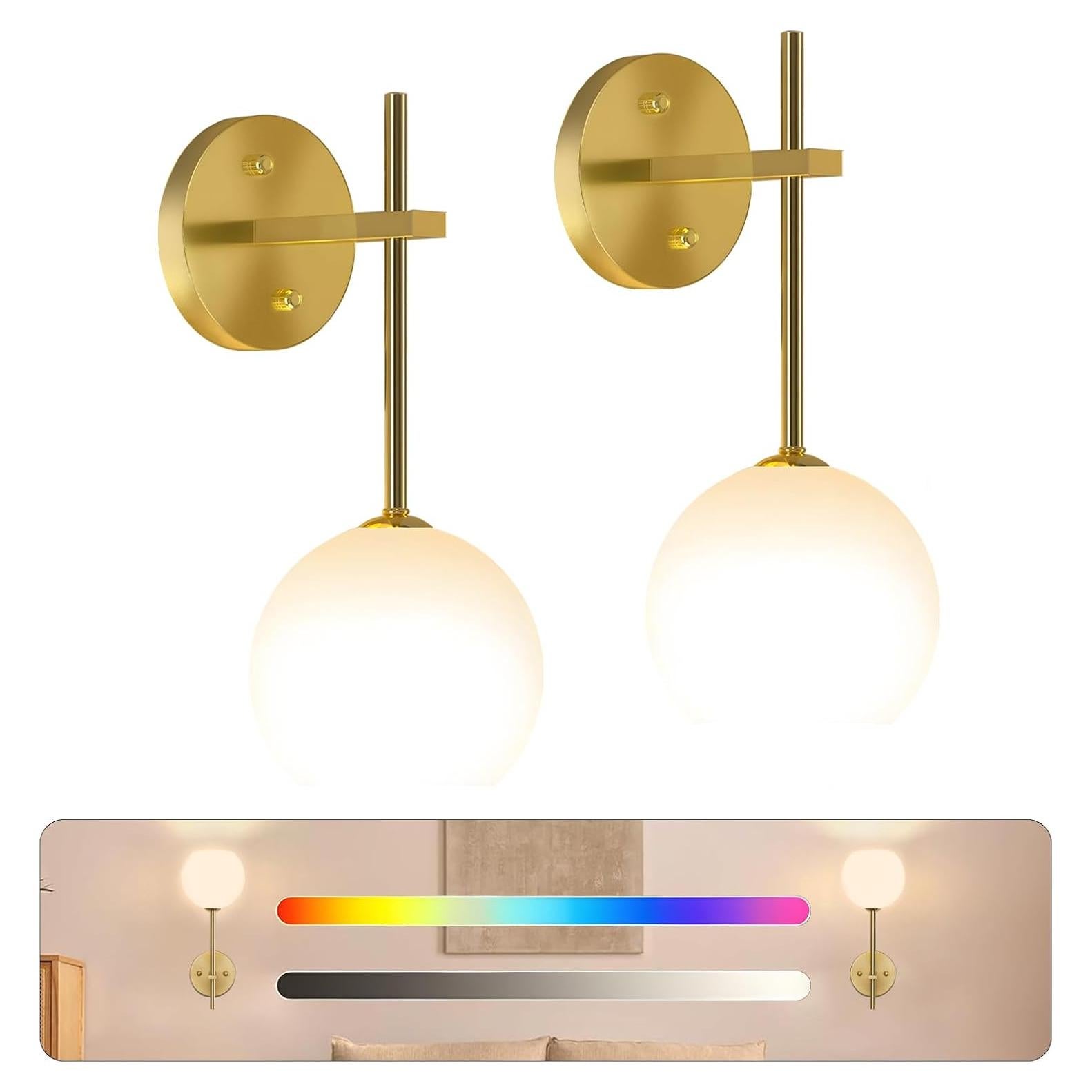 Juego de 2 apliques de pared JKEYES dorados recargables 12 colores