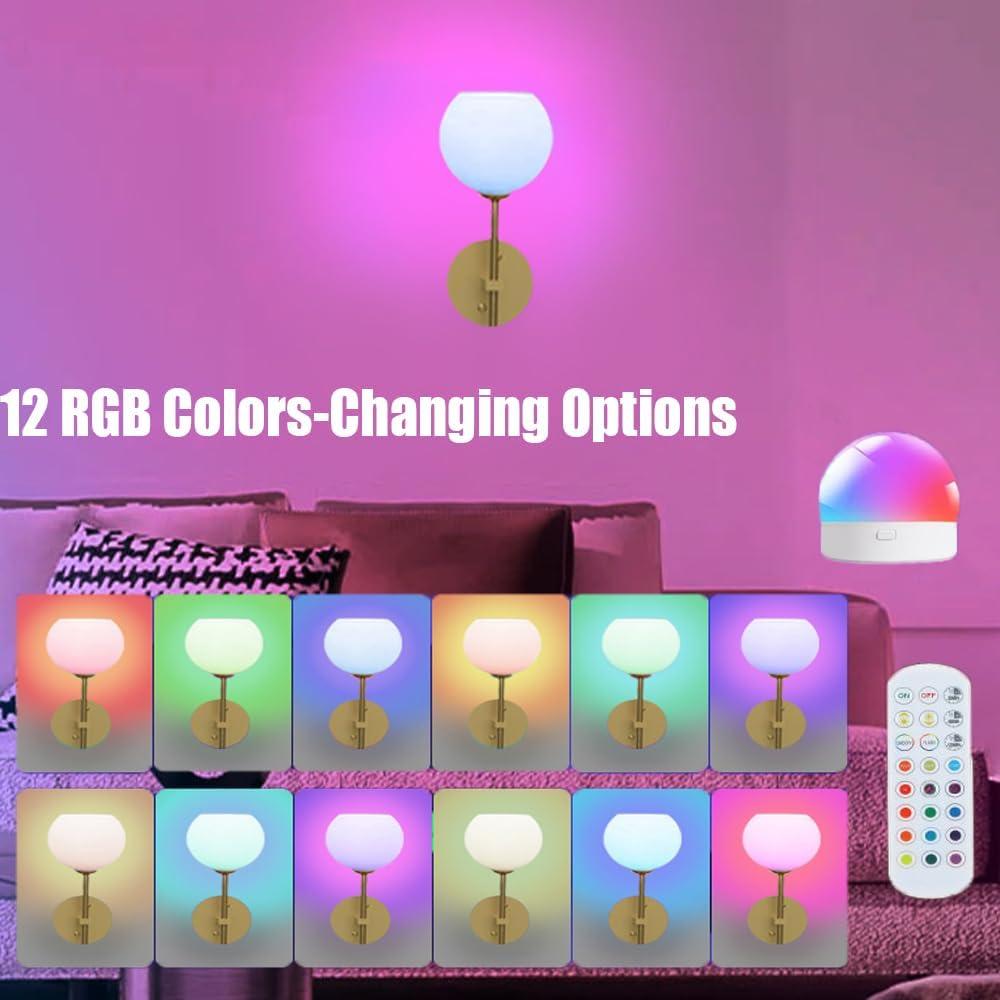 Juego de 2 apliques de pared JKEYES dorados recargables 12 colores