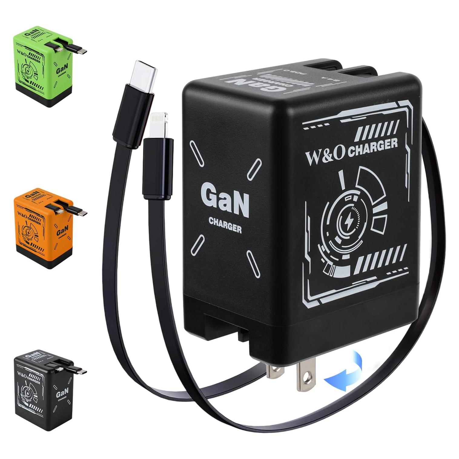 Cargador Rápido 2 en 1 W&O con Cables Retráctiles Negro