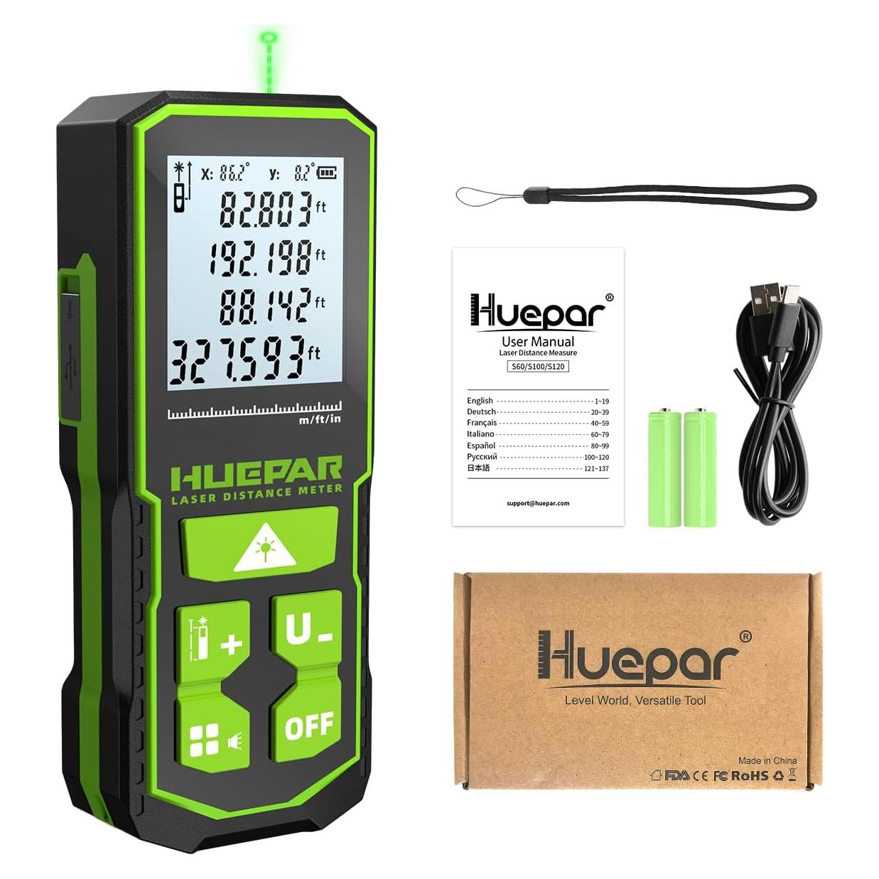 Huepar Medidor Láser Verde 330FT con Sensor de Ángulo