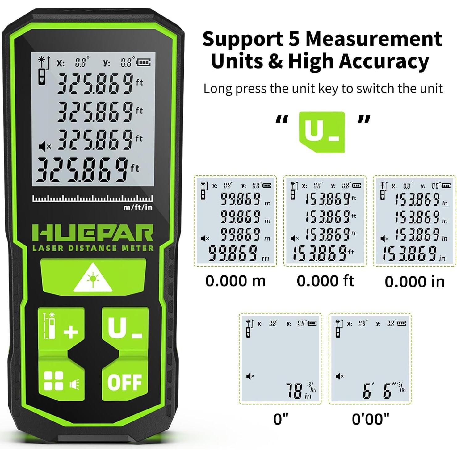 Huepar Medidor Láser Verde 330FT con Sensor de Ángulo