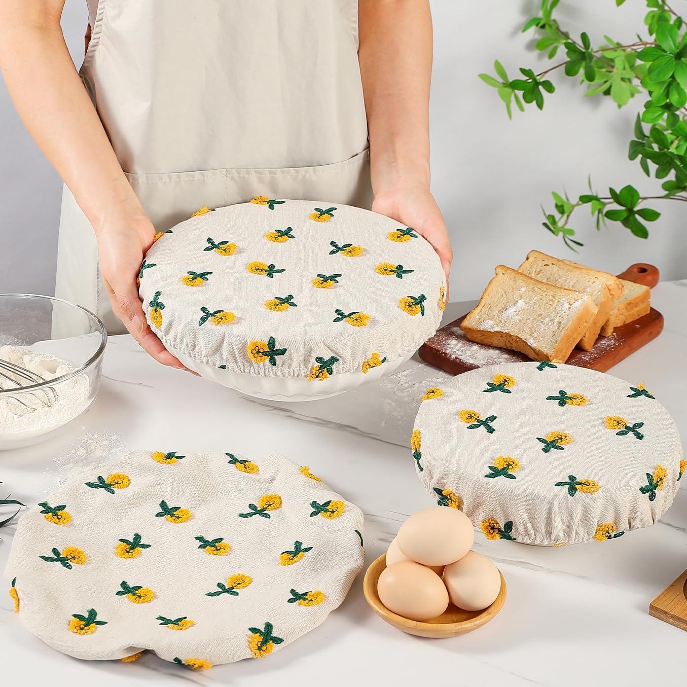 Cubiertas de Tazón Reutilizables Slyitokbhr Lino Bordado 3 Pzas