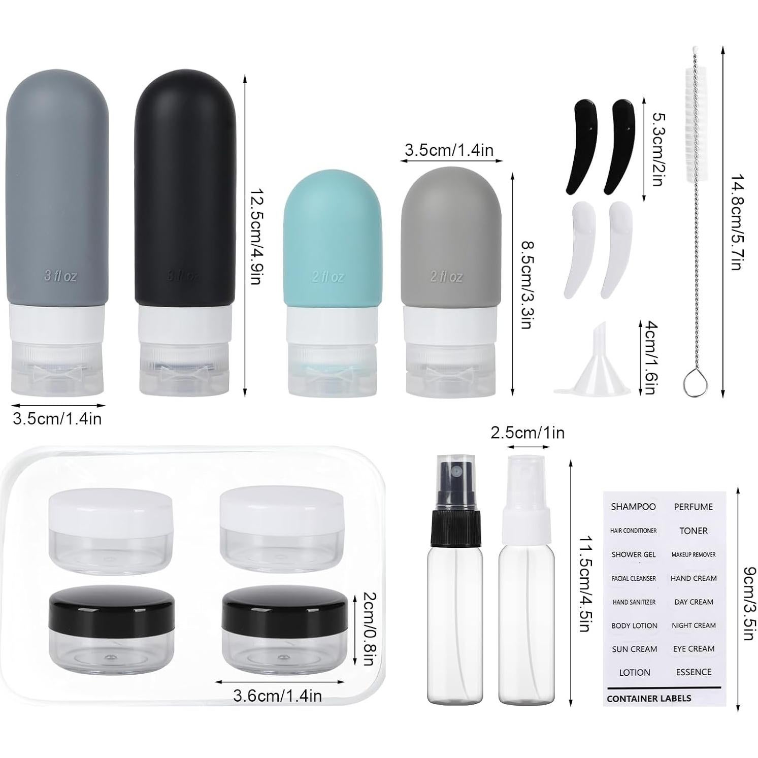 Juego de Botellas de Viaje SARTNP 18 Piezas Silicona 60ml 90ml