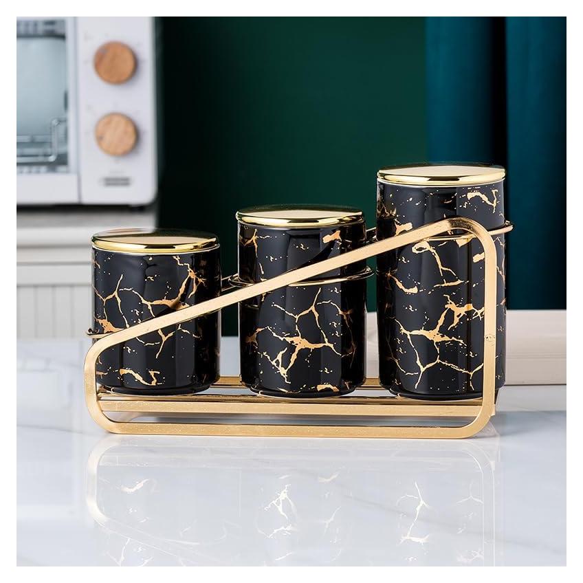 Juego de 3 Tarros de Cerámica con Soporte Dorado - Negro