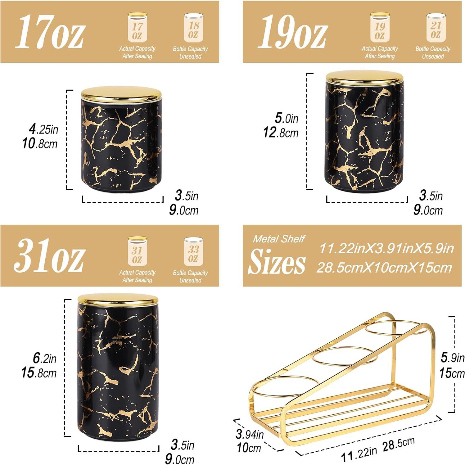 Juego de 3 Tarros de Cerámica con Soporte Dorado - Negro