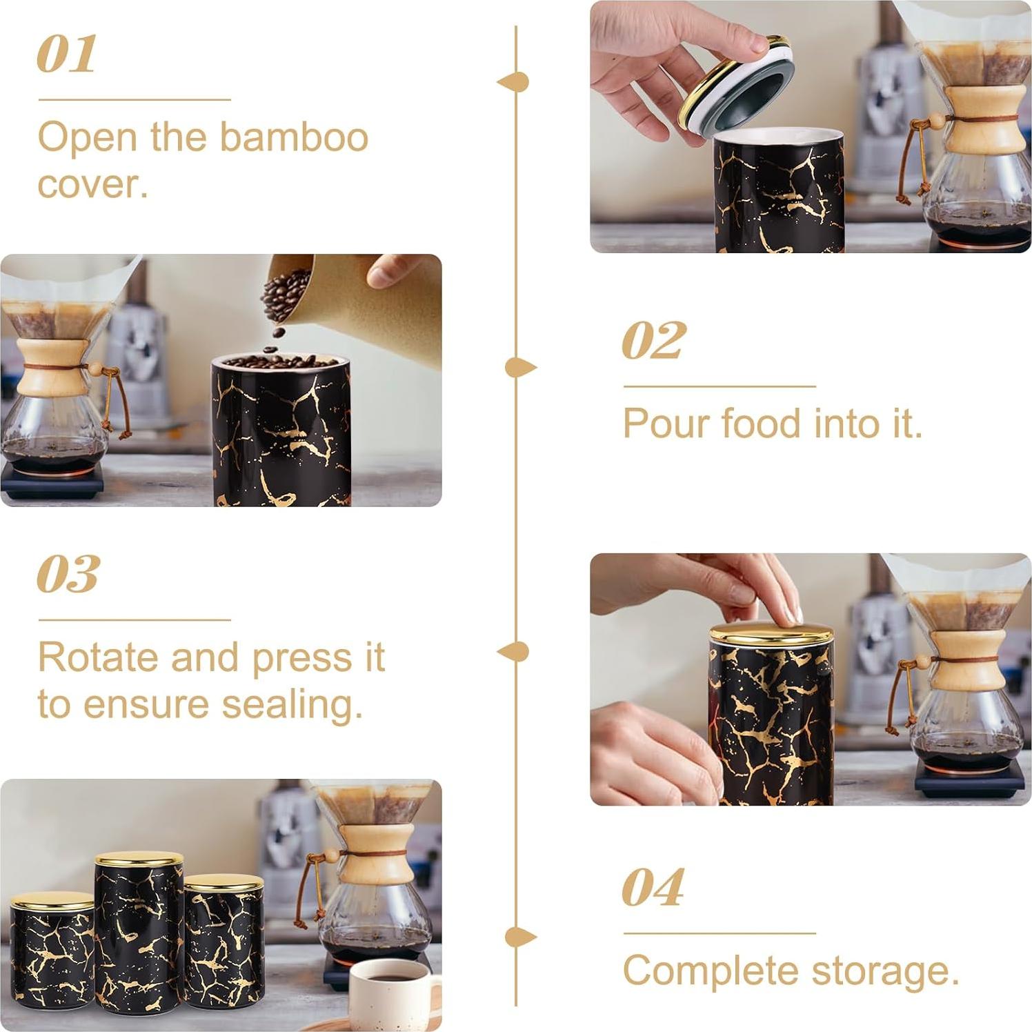 Juego de 3 Tarros de Cerámica con Soporte Dorado - Negro