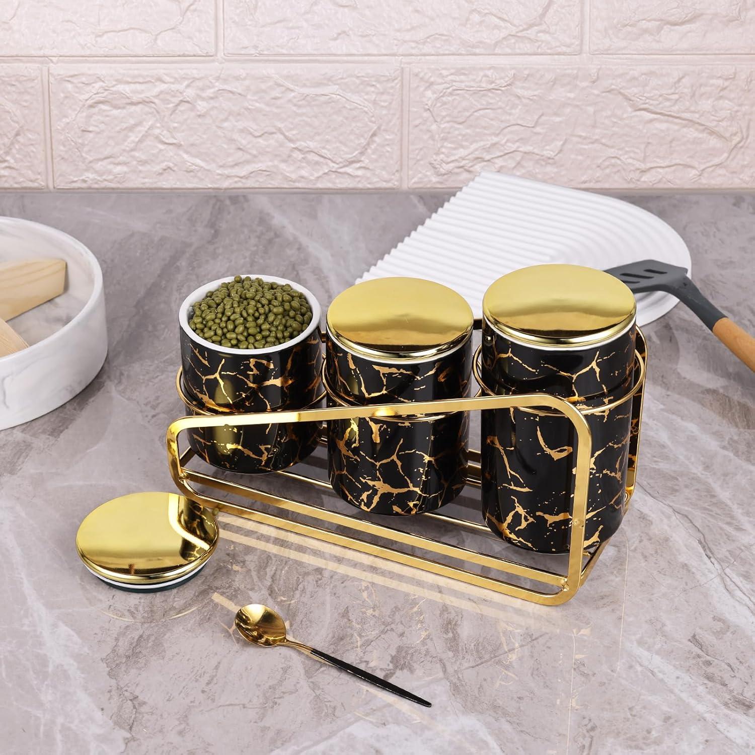 Juego de 3 Tarros de Cerámica con Soporte Dorado - Negro