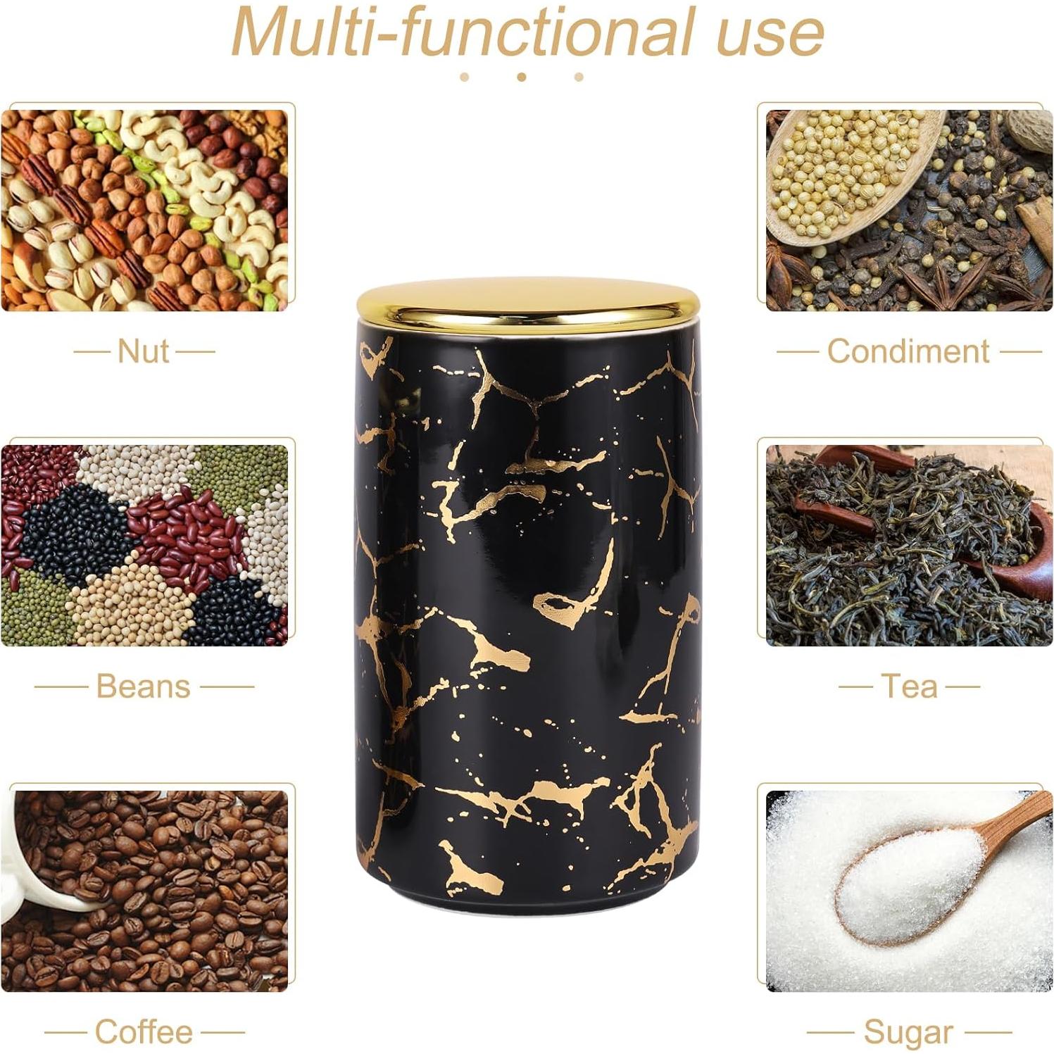 Juego de 3 Tarros de Cerámica con Soporte Dorado - Negro