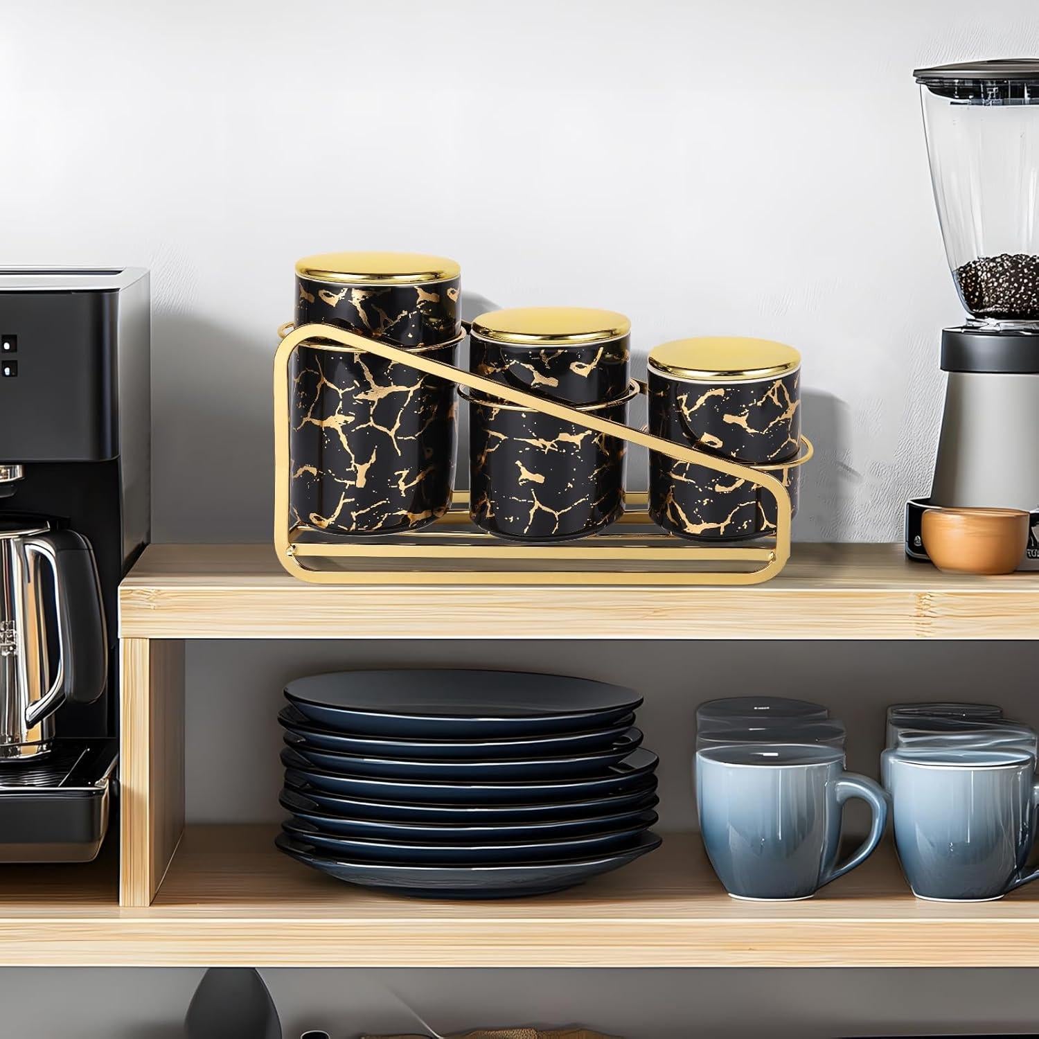 Juego de 3 Tarros de Cerámica con Soporte Dorado - Negro