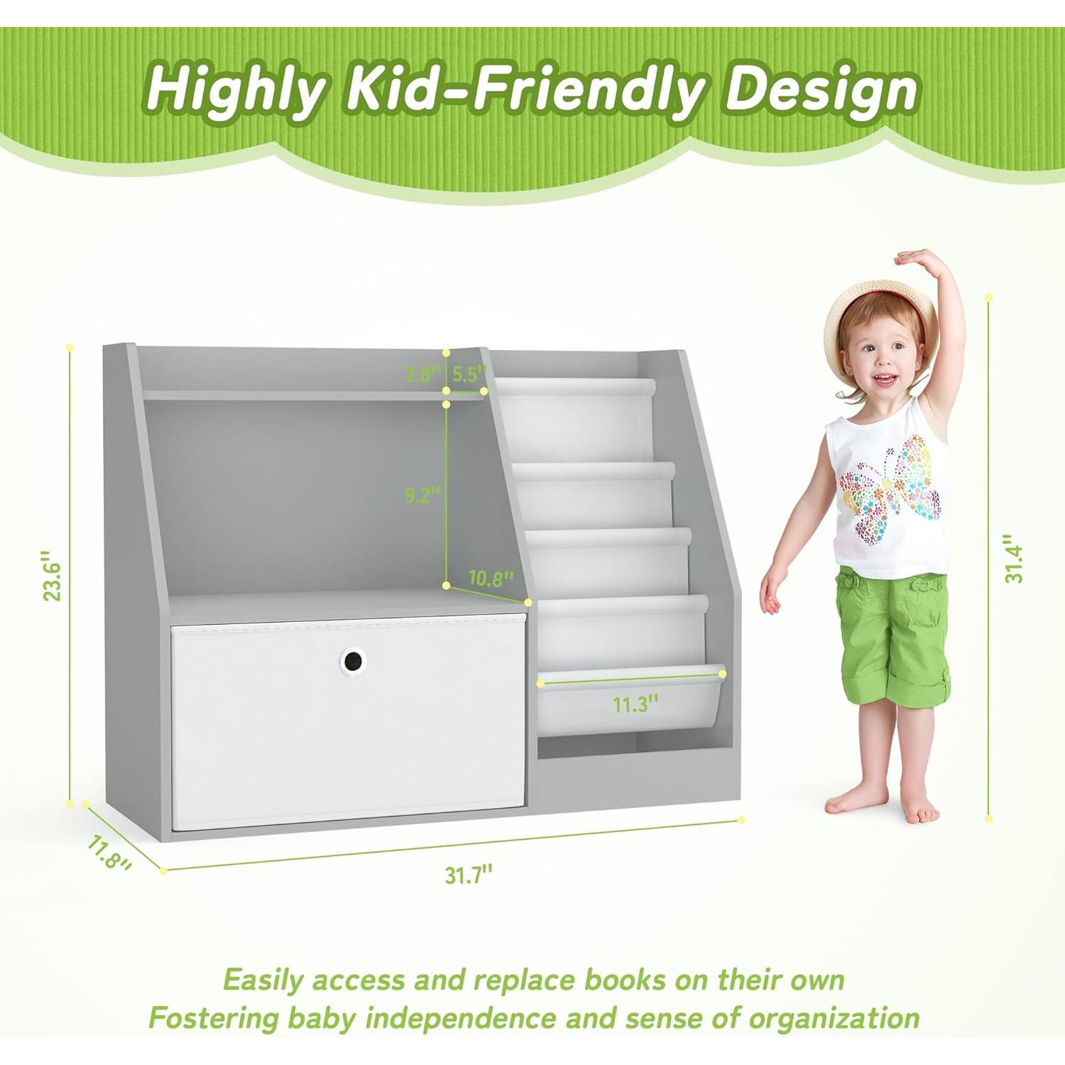 Estantería para Niños TOETOL 2 Niveles 4 Bolsillos Gris