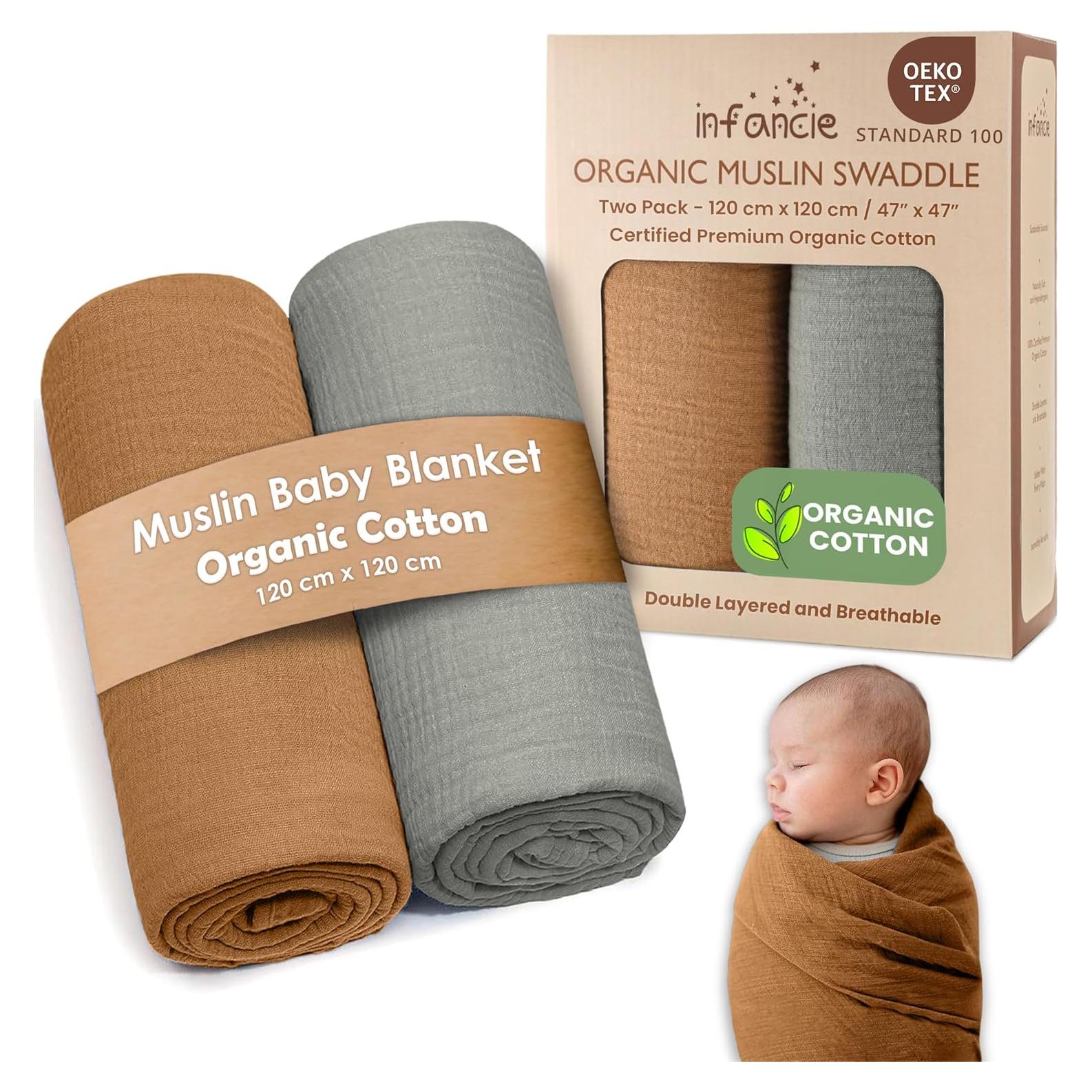 Manta de Muselina Algodón Orgánico Infancie 119x119 cm Oro/Salmón