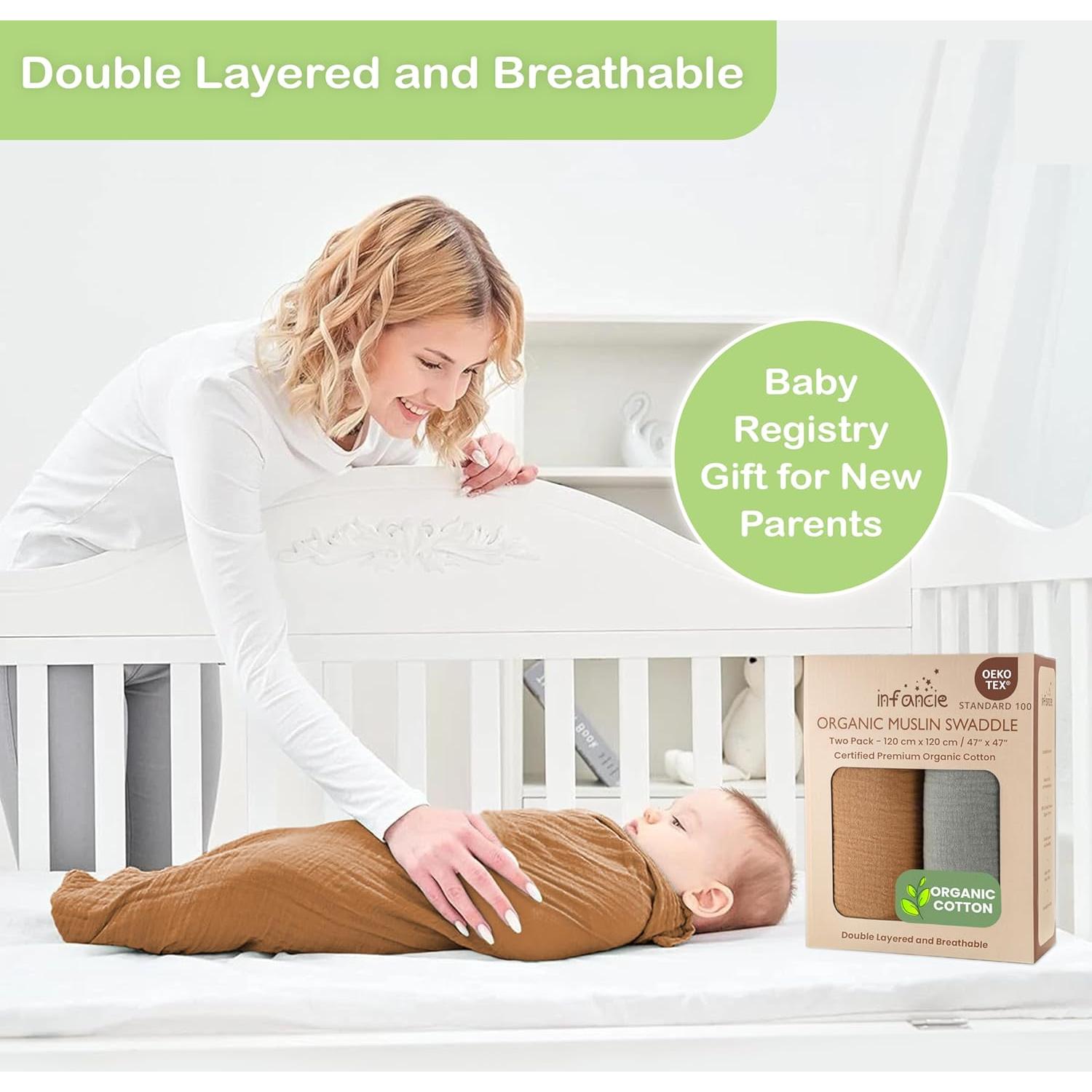 Manta de Muselina Algodón Orgánico Infancie 119x119 cm Oro/Salmón