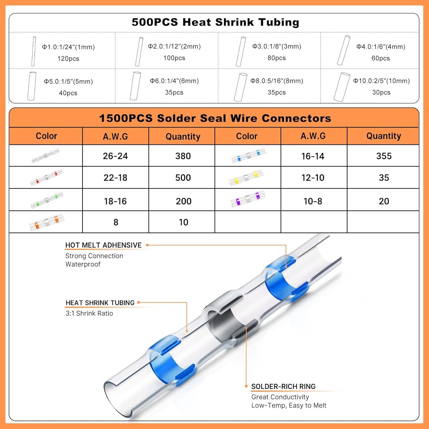 Kit de Conectores de Soldadura Termoretráctil Kuject 2000PCS