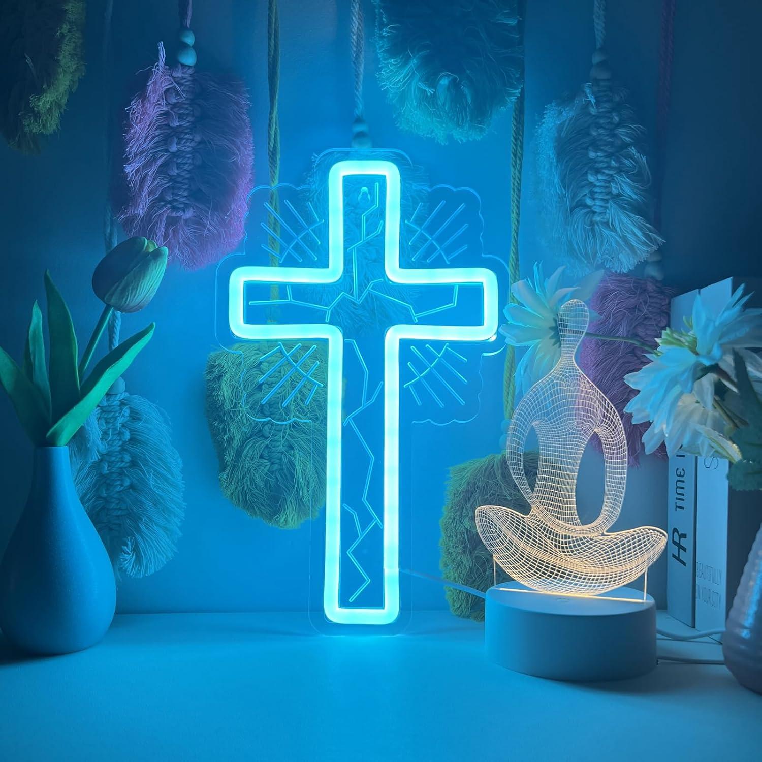 Luz de Pared LED Cruz Neón Azul Hielo 32x19 cm - Regulable USB