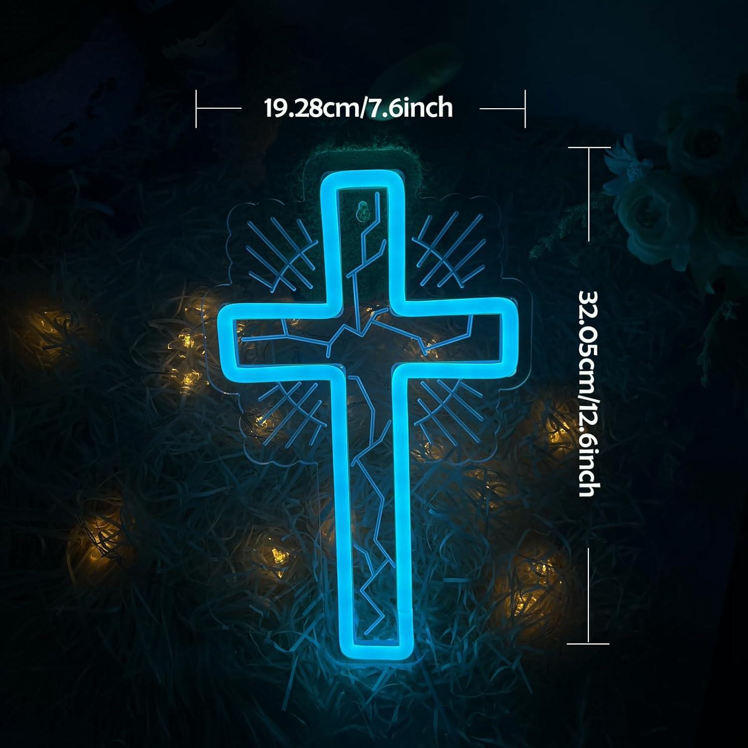 Luz de Pared LED Cruz Neón Azul Hielo 32x19 cm - Regulable USB