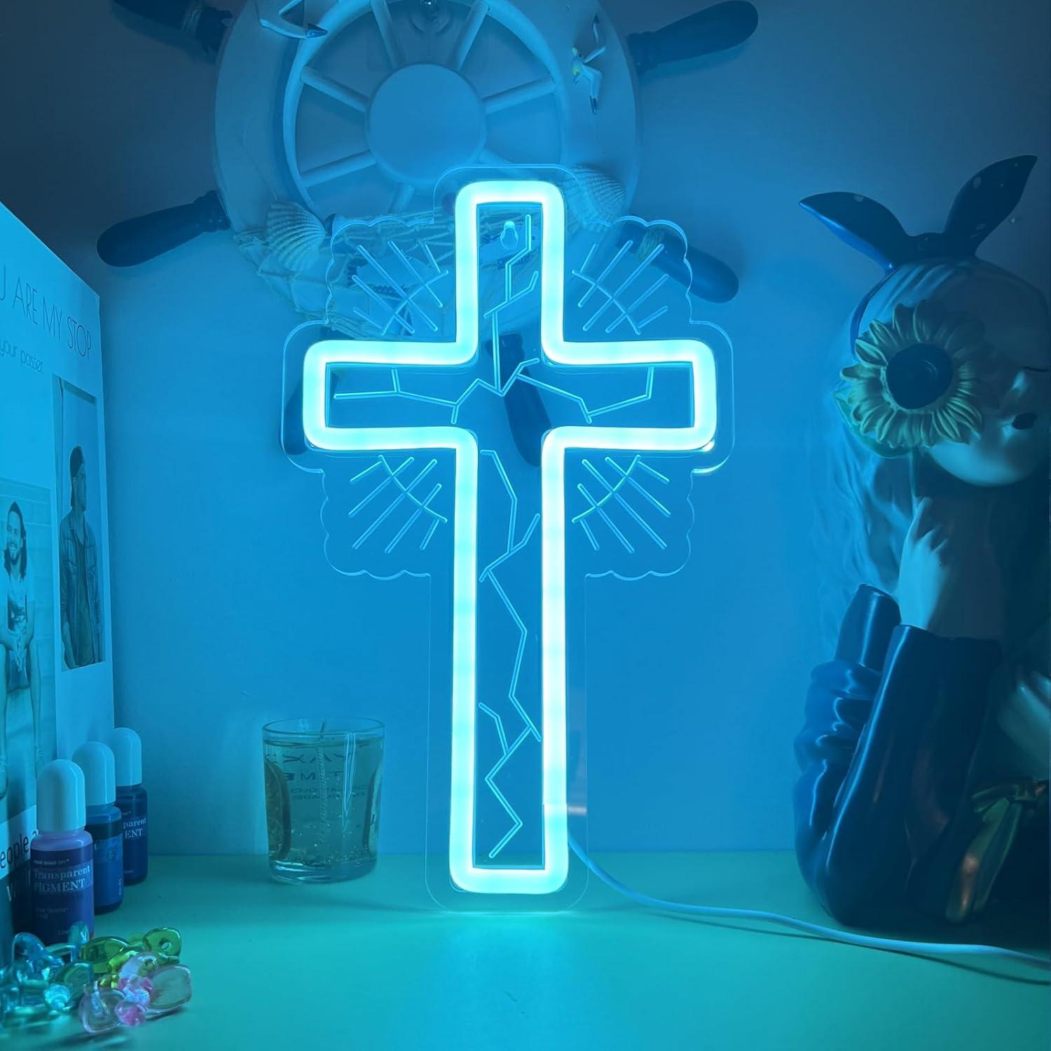 Luz de Pared LED Cruz Neón Azul Hielo 32x19 cm - Regulable USB