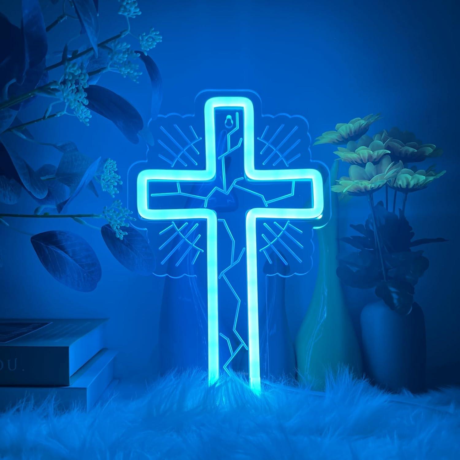 Luz de Pared LED Cruz Neón Azul Hielo 32x19 cm - Regulable USB