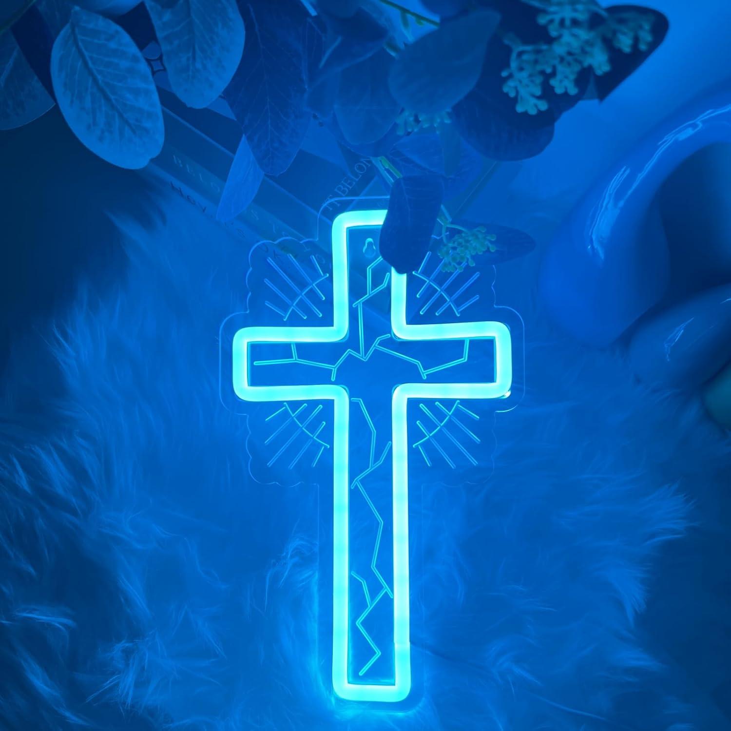 Luz de Pared LED Cruz Neón Azul Hielo 32x19 cm - Regulable USB