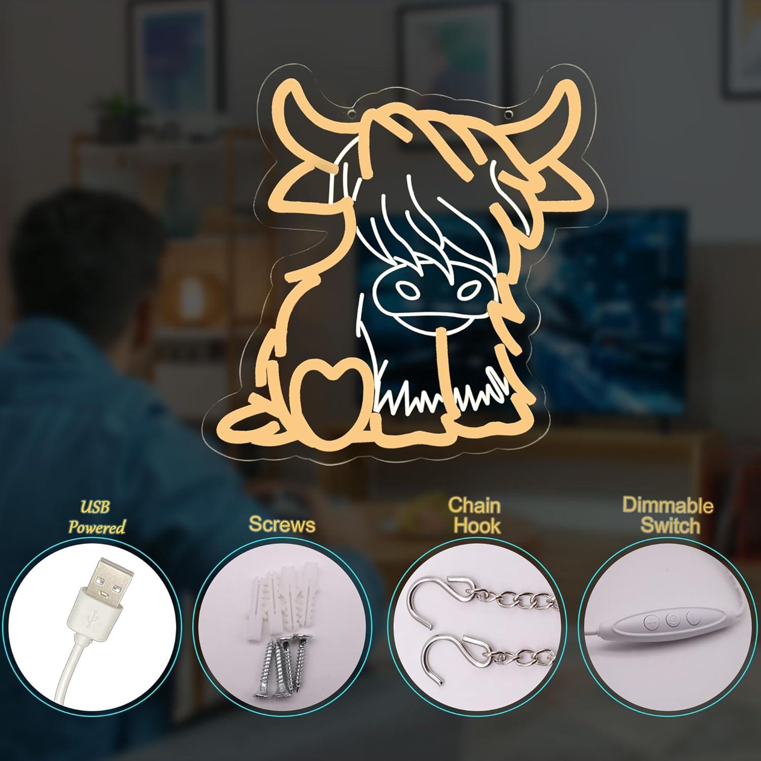 Letrero de Neón Vaca de las Tierras Altas LAXUEDEER 31.5x30.5cm