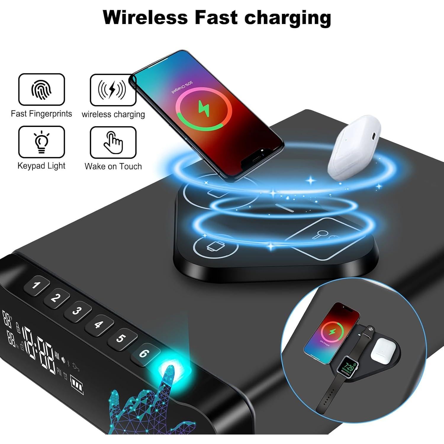 Caja Fuerte Biométrica BBRKIN con Reloj y Carga Inalámbrica