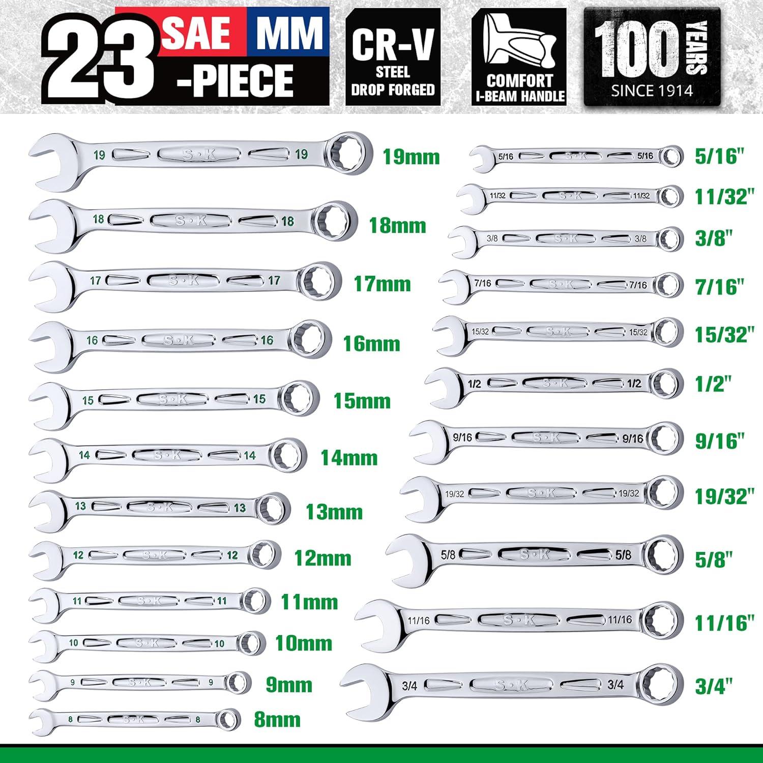 Juego de Llaves Combinadas SK 23 Piezas 8 a 19 mm y SAE