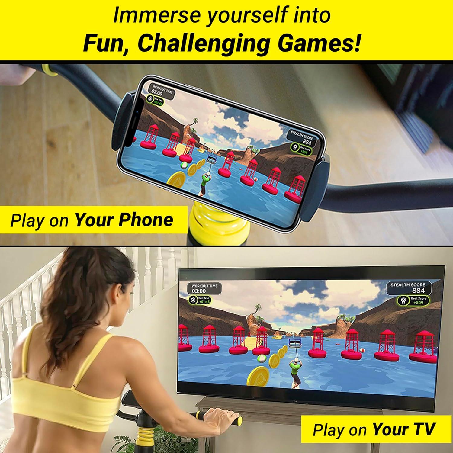 STEALTH GAME CYCLE: Full-Body Workout X-Bike, Gamified Cardio with 5 Free Games, Foldable Magnetic Cycle, Phone Holder + Free Fitness App (Optional Premium Subscription)