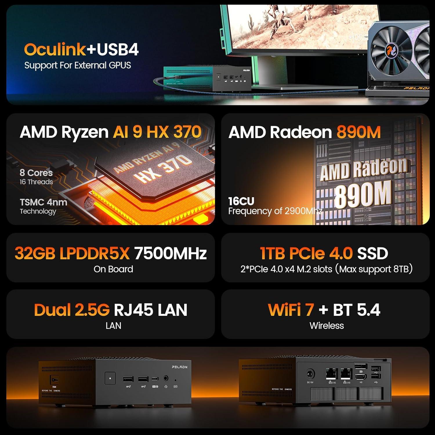 Mini PC PELADN HO5 Ryzen AI 9 HX 370 32GB 1TB SSD