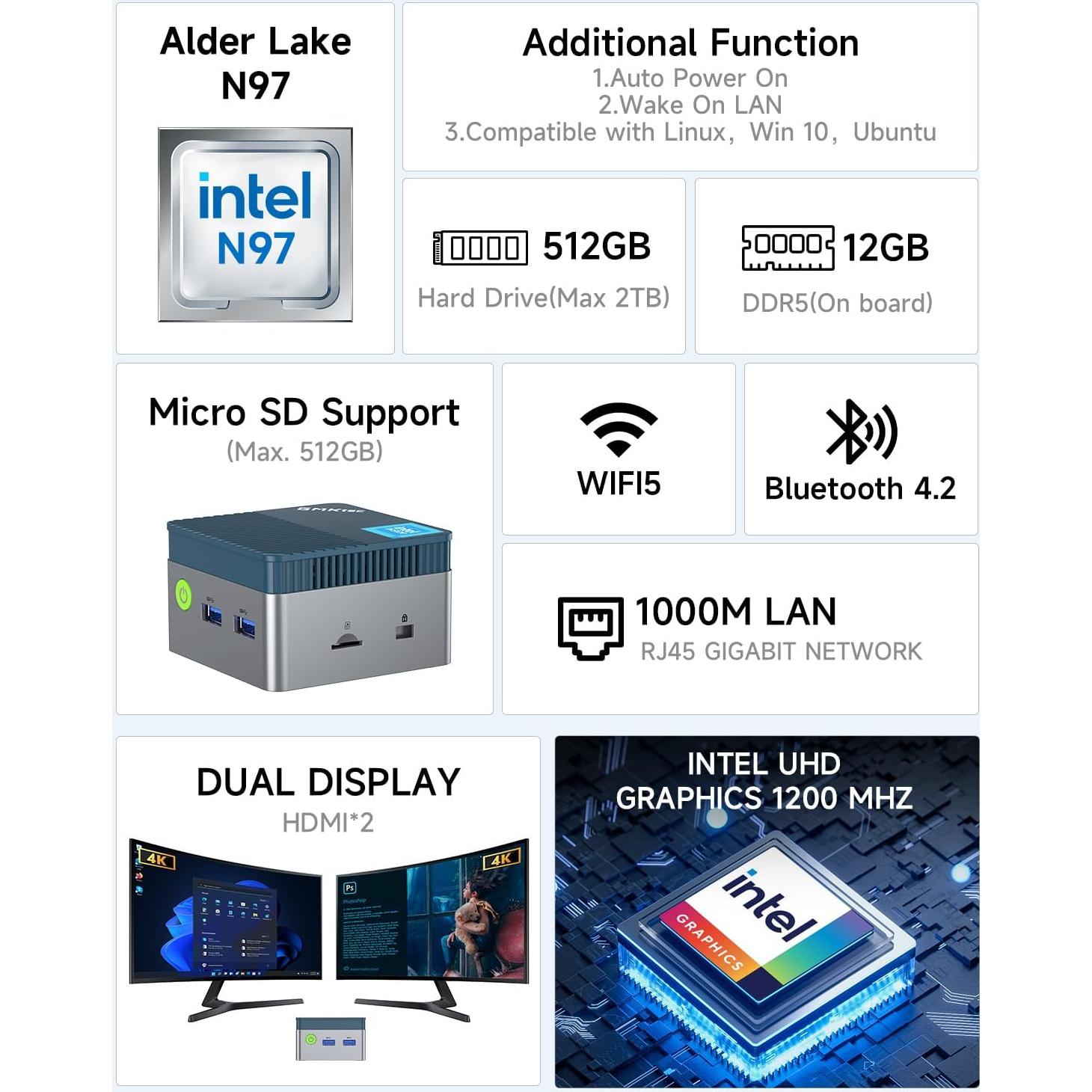 Mini PC GMKtec G5 Intel N97 12GB DDR5 512GB SSD 4K
