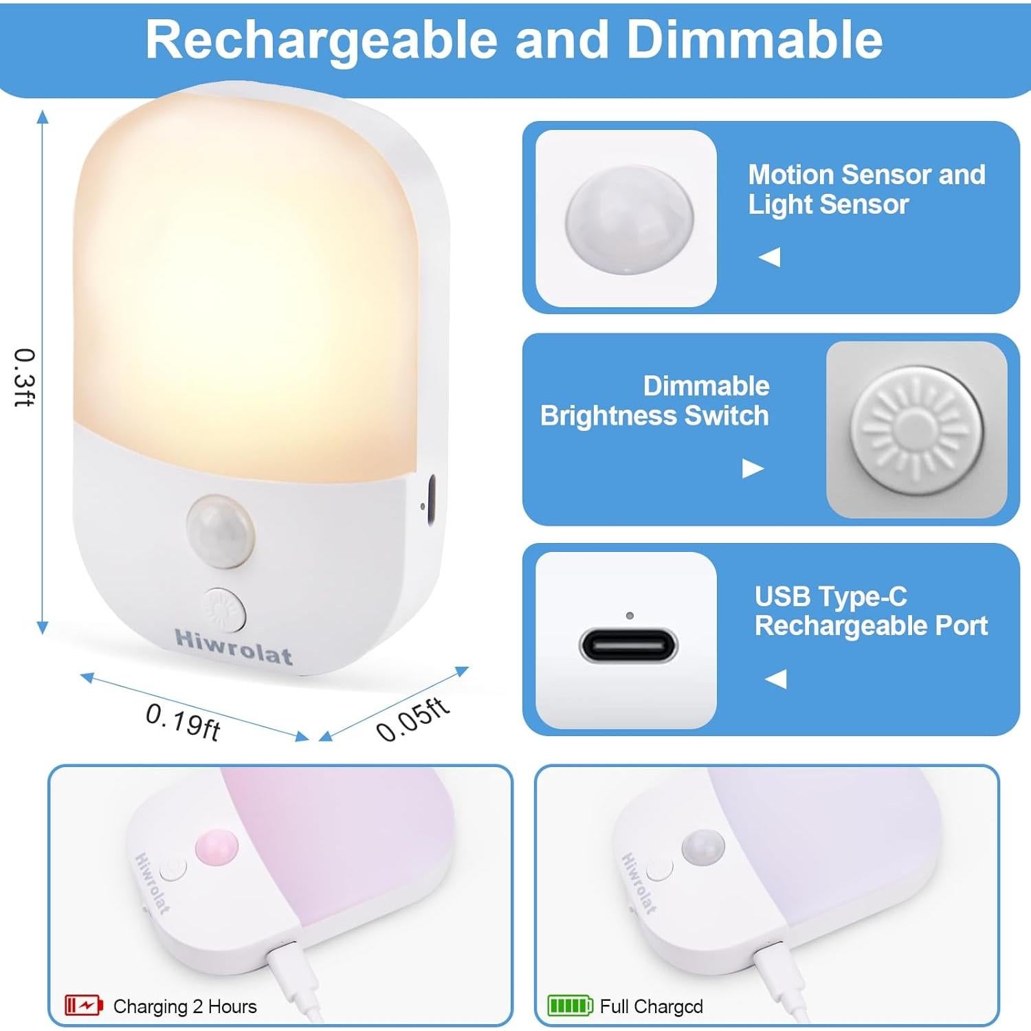 Luz Nocturna LED Hiwrolat con Sensor de Movimiento 2 Paquete