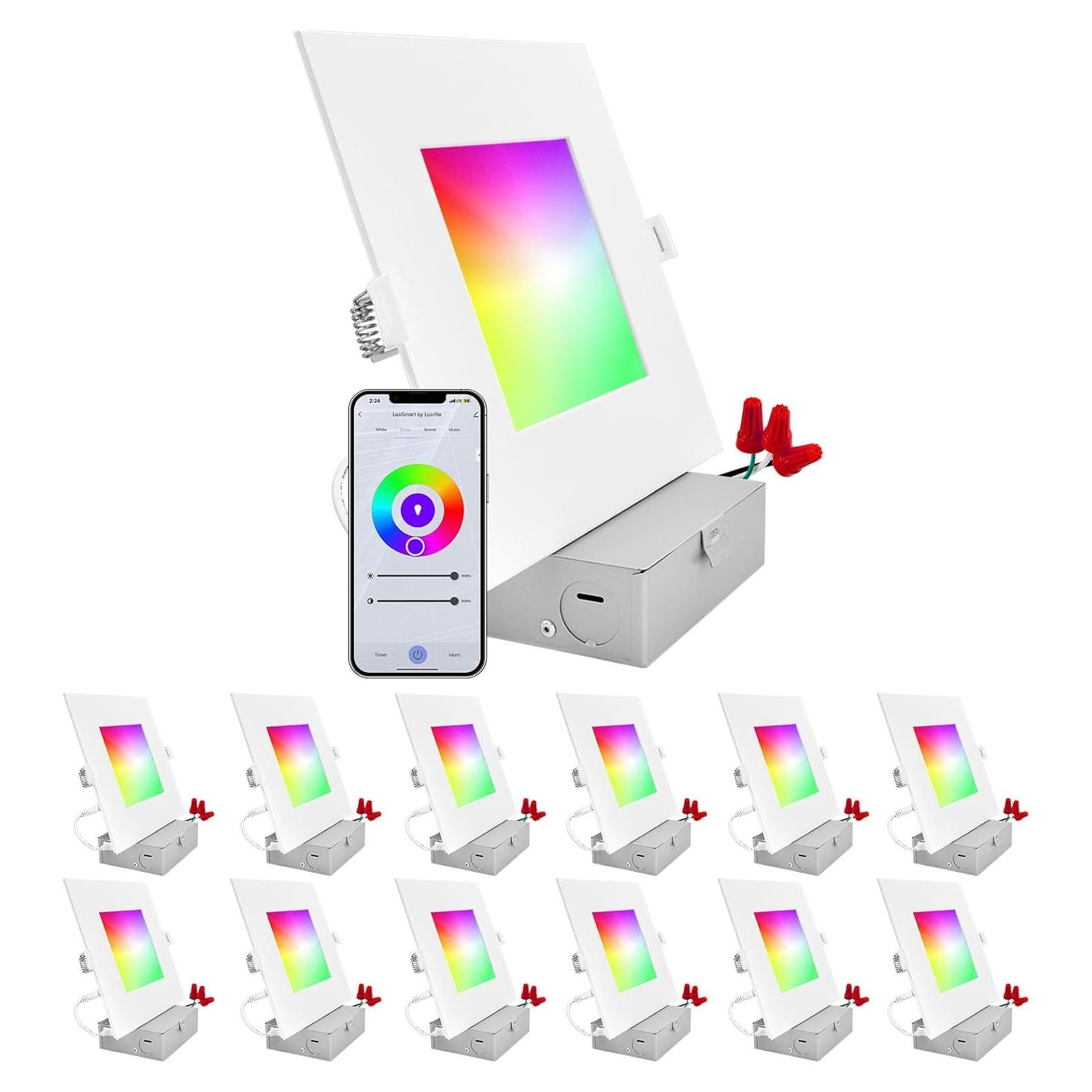 LUXRITE 12-Pack 6 Inch Square Smart LED Recessed Lighting, RGBW Color Changing, WiFi App Control, Voice Control with Alexa and Google Home, No Hub Required, 13W 1000LM, CRI 90, IC Rated, Wet Rated