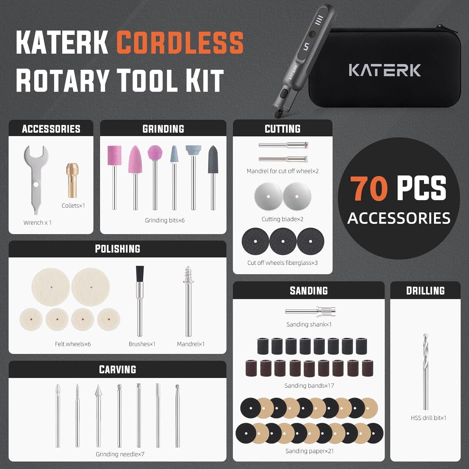 Kit de Herramienta Rotativa Inalámbrica Katerk 3.7V 70 Accesorios
