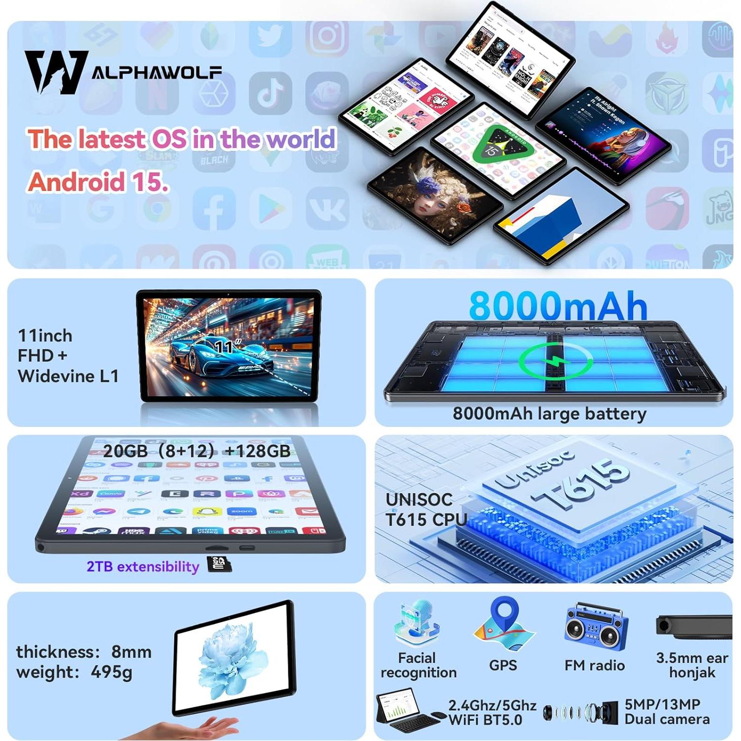 Tableta Android 15 Alphawolf Lpad3A 11" FHD 20GB RAM 128GB