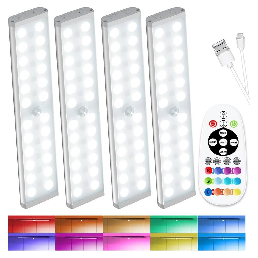 Luces Bajo Gabinete SZOKLED 4 Pcs con Sensor de Movimiento RGB