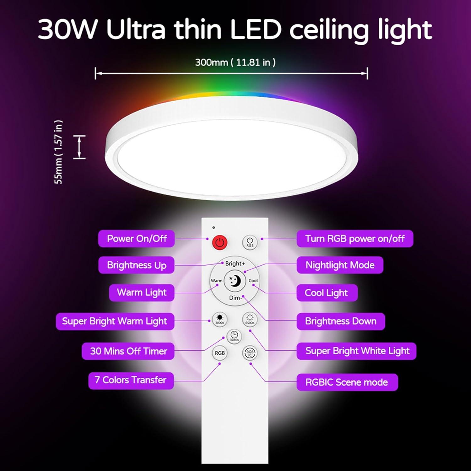 Luz de Techo Inteligente LED 30W KYFGDLA WiFi RGB 30.48cm
