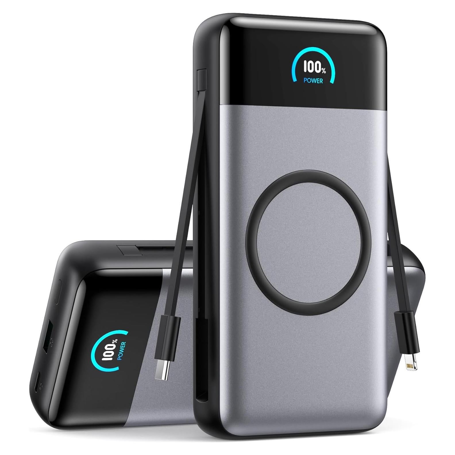 Wireless Portable Charger 40800mAh with Built-in Cables, 15W Wireless Charging USB C Power Bank, 25W PD QC 4.0 5 Outputs Travel Essential Battery Pack for iPhone 17/16/15/14/13, Samsung, Android etc