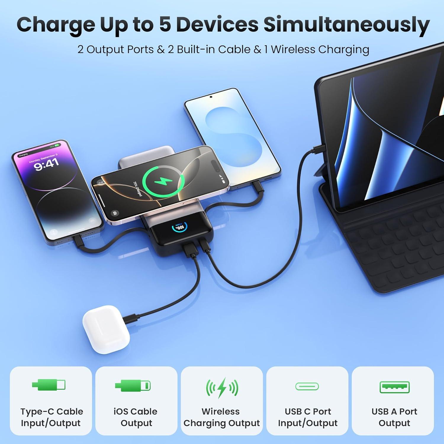Wireless Portable Charger 40800mAh with Built-in Cables, 15W Wireless Charging USB C Power Bank, 25W PD QC 4.0 5 Outputs Travel Essential Battery Pack for iPhone 17/16/15/14/13, Samsung, Android etc