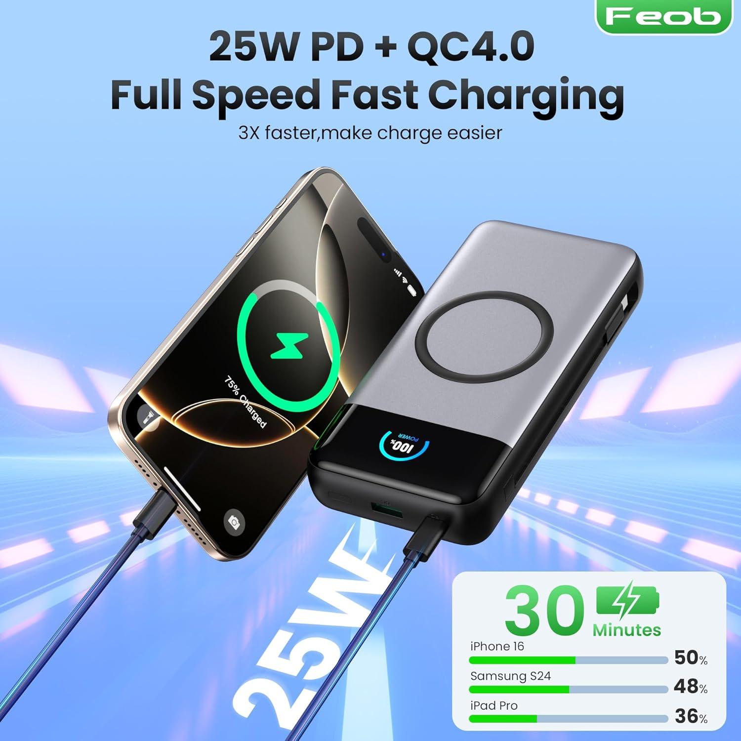 Wireless Portable Charger 40800mAh with Built-in Cables, 15W Wireless Charging USB C Power Bank, 25W PD QC 4.0 5 Outputs Travel Essential Battery Pack for iPhone 17/16/15/14/13, Samsung, Android etc