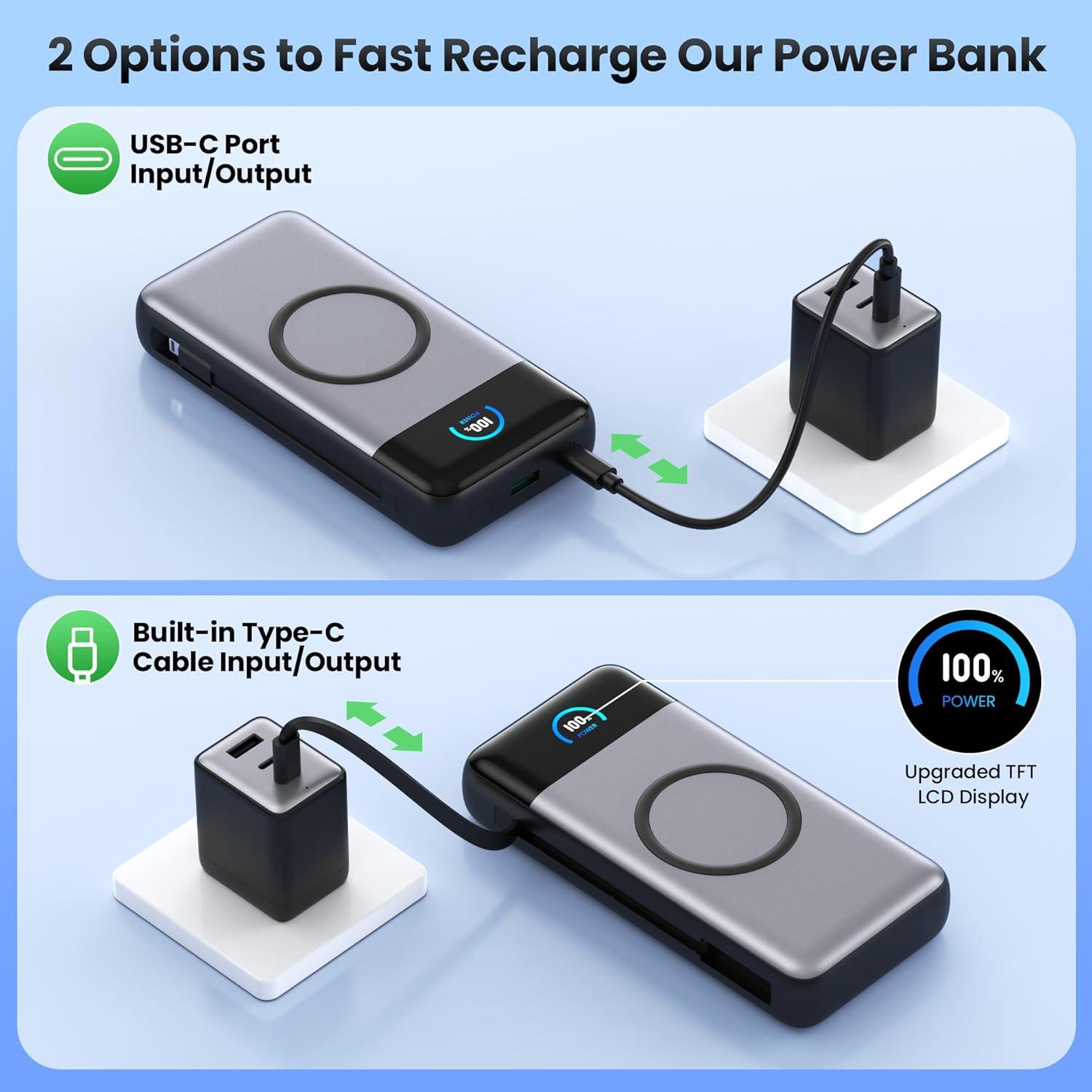 Wireless Portable Charger 40800mAh with Built-in Cables, 15W Wireless Charging USB C Power Bank, 25W PD QC 4.0 5 Outputs Travel Essential Battery Pack for iPhone 17/16/15/14/13, Samsung, Android etc