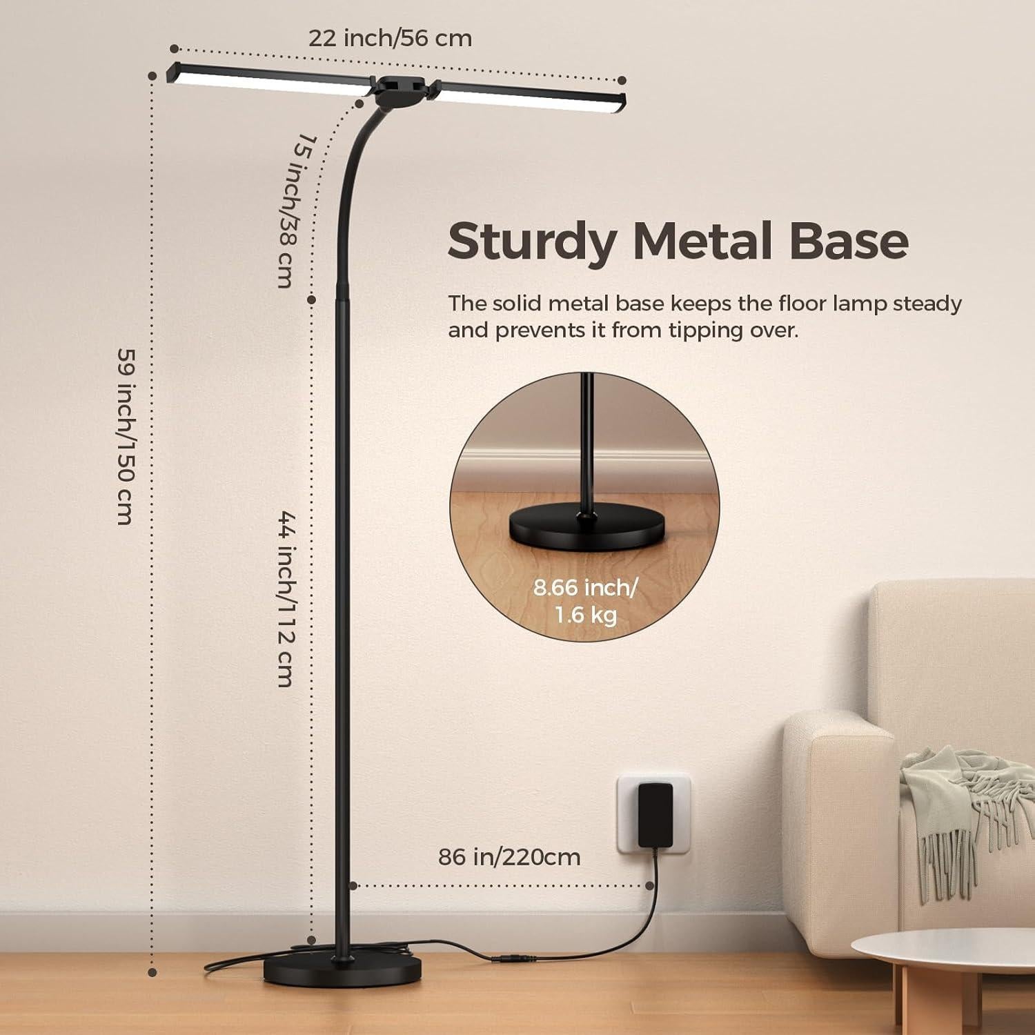 Lámpara de Pie LED VrimNowit Doble Cabezal Ajustable 149.9cm