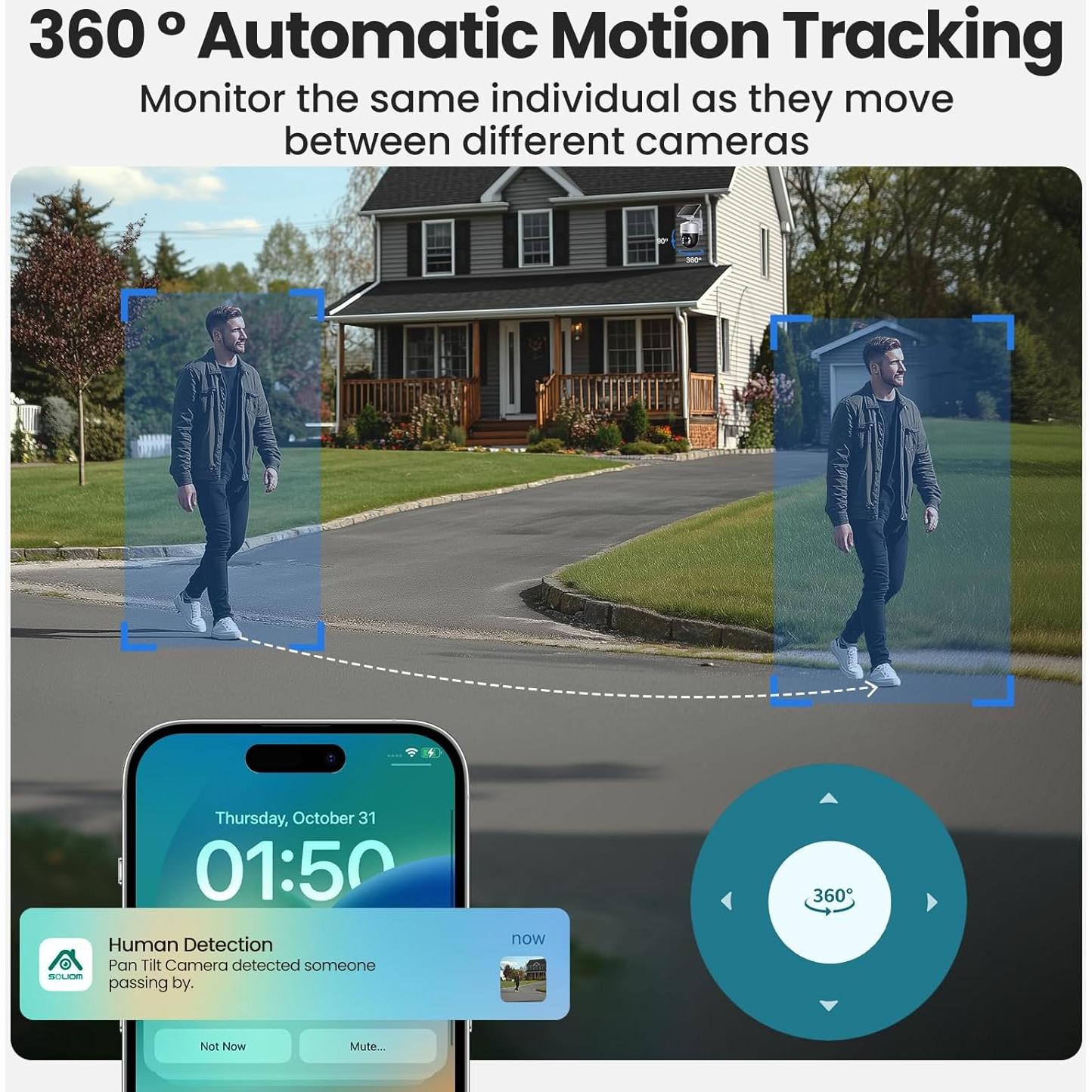 SOLIOM Security Cameras Wireless Outdoor,8MP Ultra HD for Day and Night, No Subscription,Built in Radar,Solar Powered Cameras for Home Security, 360° Pan Tilt Auto Tracking,5G & 2.4G WiFi, 4-Cam Kit