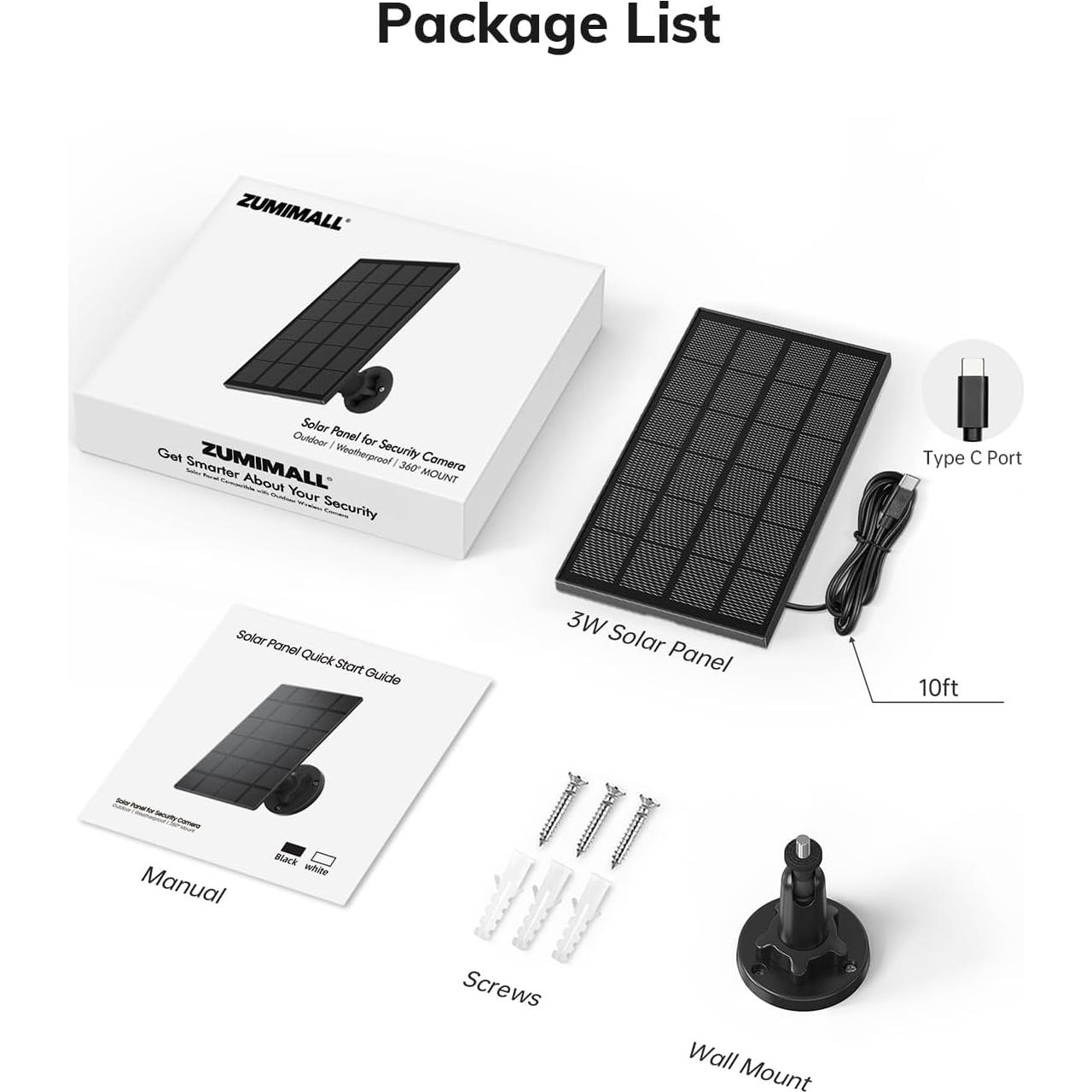 Panel Solar ZUMIMALL 3W IP66 para Cámara Inalámbrica Exterior